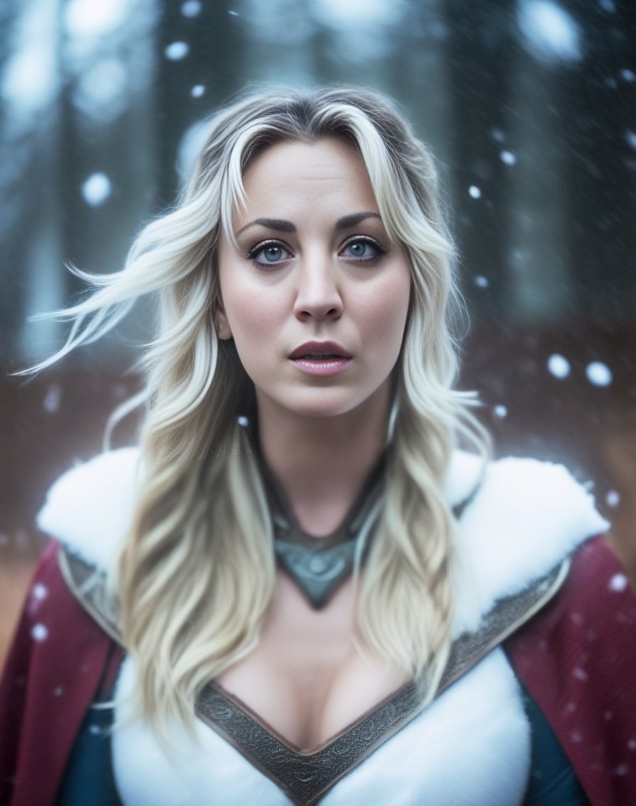 KaleyCuoco,<lora:KaleyCuocoSDXL:1> photograph, Compelling athletic Female cosplaying as Freyja, Snowing, Iphone X, Low shutter