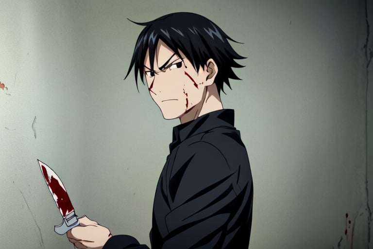 fullmetal alchemist style,(upper body:1.2),solo,rectangular face,Male Focus,protagonist man, looking at viewer,shorthair,spicky hair,Angry,Rage, black hair, 1boy, holding Knife, Holding the handle of the knife,male focus, 
black shirt, black eyes, blood, blood on face, blood on knife,(absurdres:1.2),(wallpaper:1.1),Anime flat color,anime style,2D,(dynamic light),(masterpiece:1.331), (highest resolution:1.2), (full quality), (Extremely beautiful and detailed:1.1), (8k, 4k, 2k), extremely detailed, CG, unity,finely detail, masterpiece, best quality, official art,extremely detailed CG unity 8k,best quality,High detailed ,fullmetal alchemist style ,Fullmetal Alchemist Style