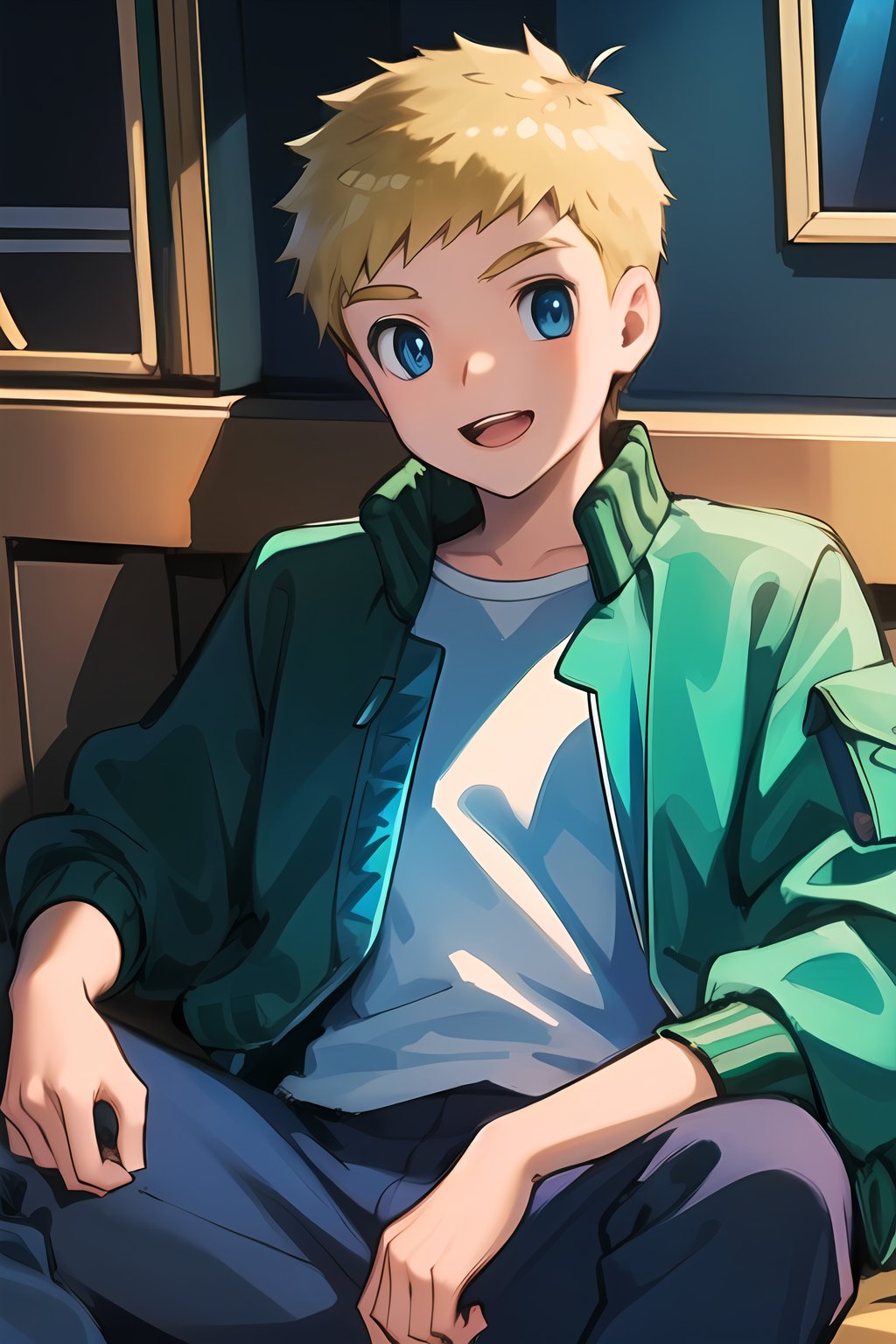 masterpiece, best quality,Looking at viewer, solo, male, 1boy,outdoors, upper_body, close mouth, light ray, ,Flock,blonde hair,blue eyes, green jacket, open jacket, white shirt, blue pants,sitting, indoors,1boy
