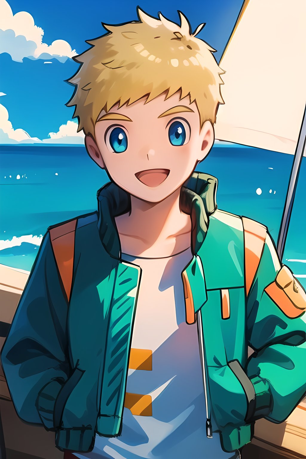 masterpiece, best quality,Looking at viewer, solo, male, 1boy,outdoors, upper_body, smile, close mouth, light ray, ,Flock,blonde hair,blue eyes, on board, sea, green jacket, open jacket, white shirt,