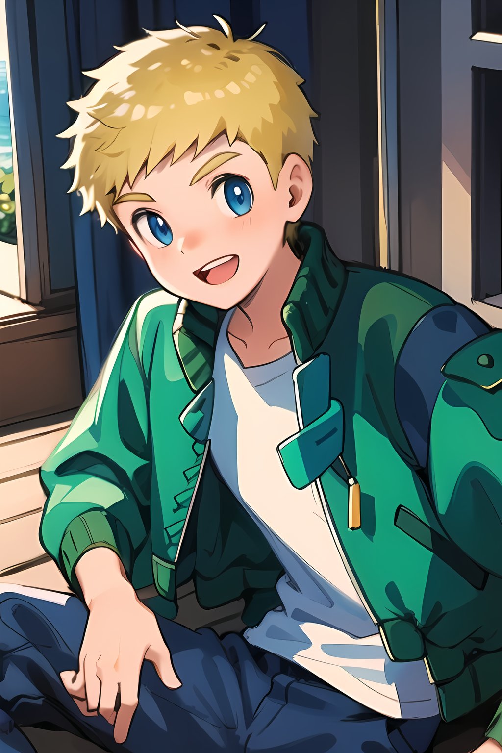 masterpiece, best quality,Looking at viewer, solo, male, 1boy,outdoors, upper_body, smile, close mouth, light ray, ,Flock,blonde hair,blue eyes, green jacket, open jacket, white shirt, sitting, indoors,