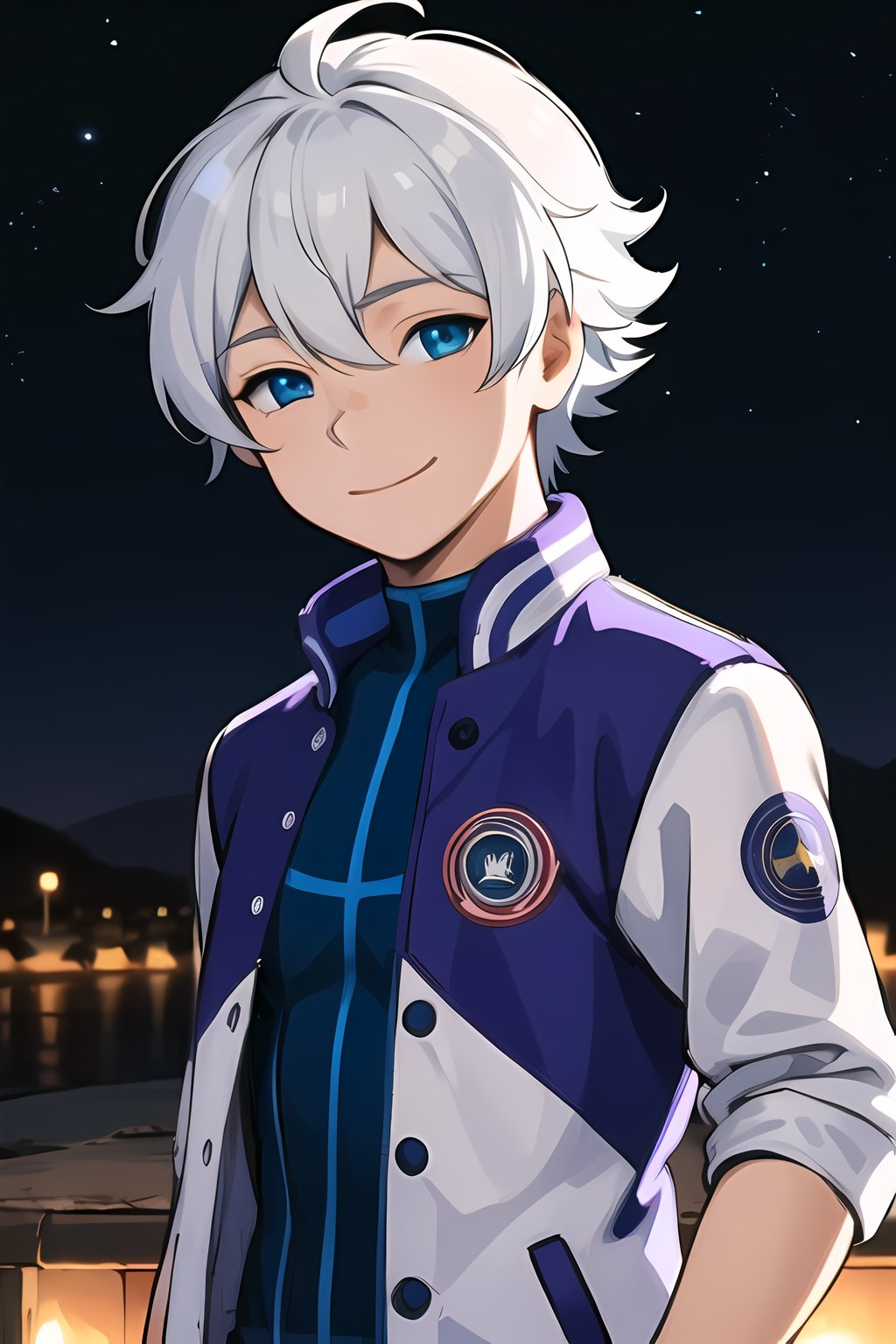 masterpiece, best quality,Looking at viewer, solo, male, 1boy,outdoors, upper_body,  light ray, luca,white hair,blue eyes, night, star_(sky), smile, purple jacket,  white sleeve, closed one eyes,