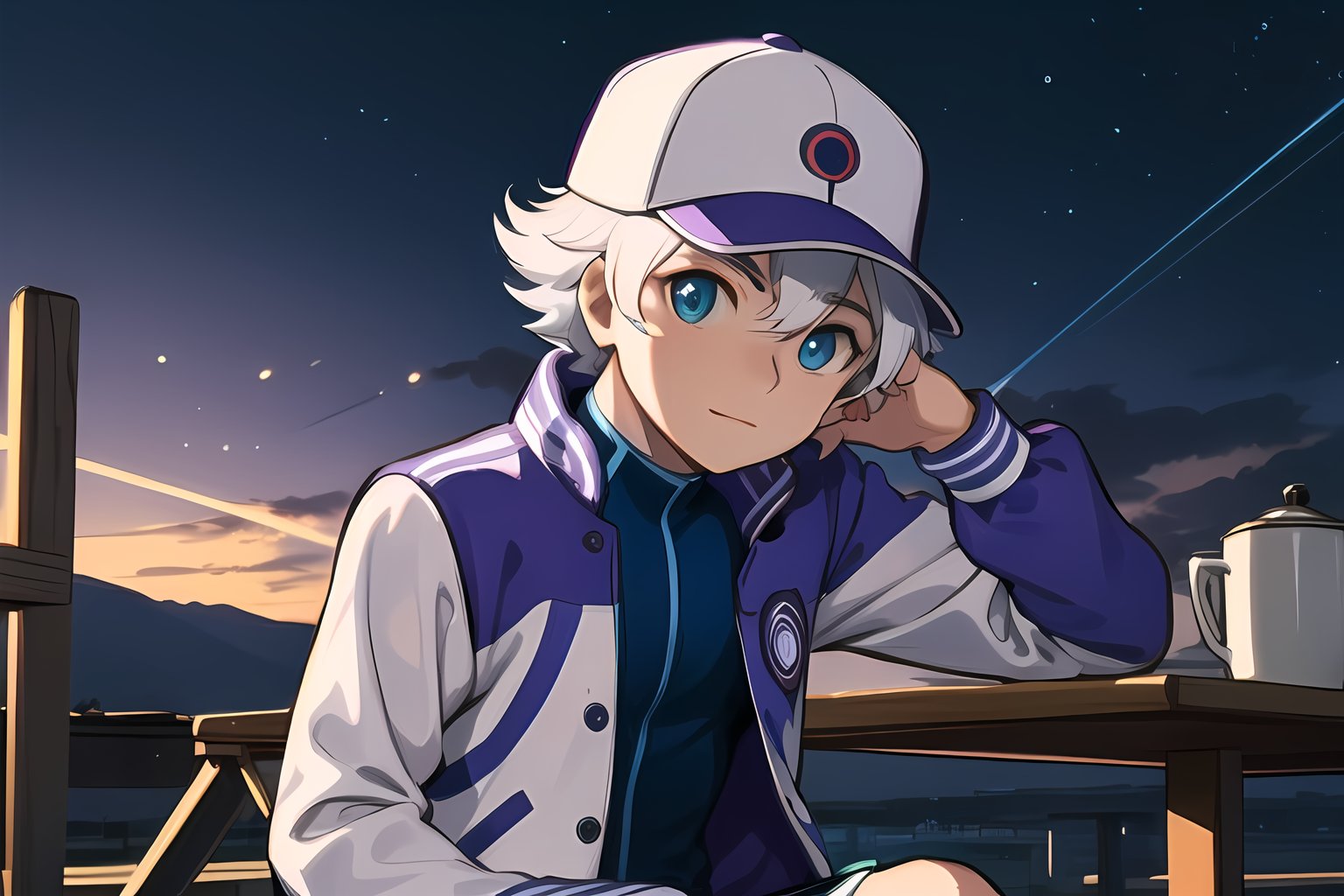 masterpiece, best quality,Looking at viewer, solo, male, 1boy,outdoors, upper_body, light ray, luca,white hair,blue eyes, dusk, purple jacket,  white sleeve, purple hat, sitting,