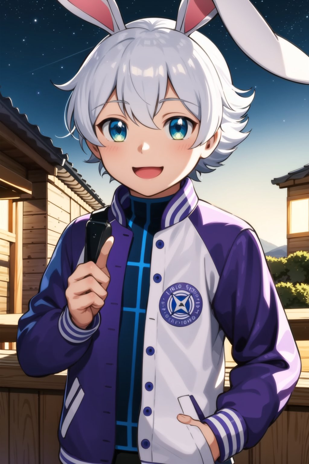 masterpiece, best quality,Looking at viewer, solo, male, 1boy,outdoors, upper_body, close mouth, light ray, luca,white hair,blue eyes, night, star_(sky), smile, purple jacket,  white sleeve, rabbit ears,