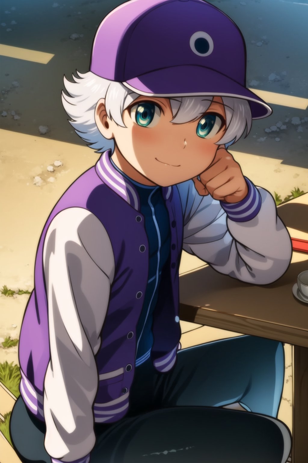 masterpiece, best quality,Looking at viewer, solo, male, 1boy,outdoors, upper_body, light ray, luca,white hair,blue eyes, dusk, purple jacket, white sleeve, purple hat, sitting,