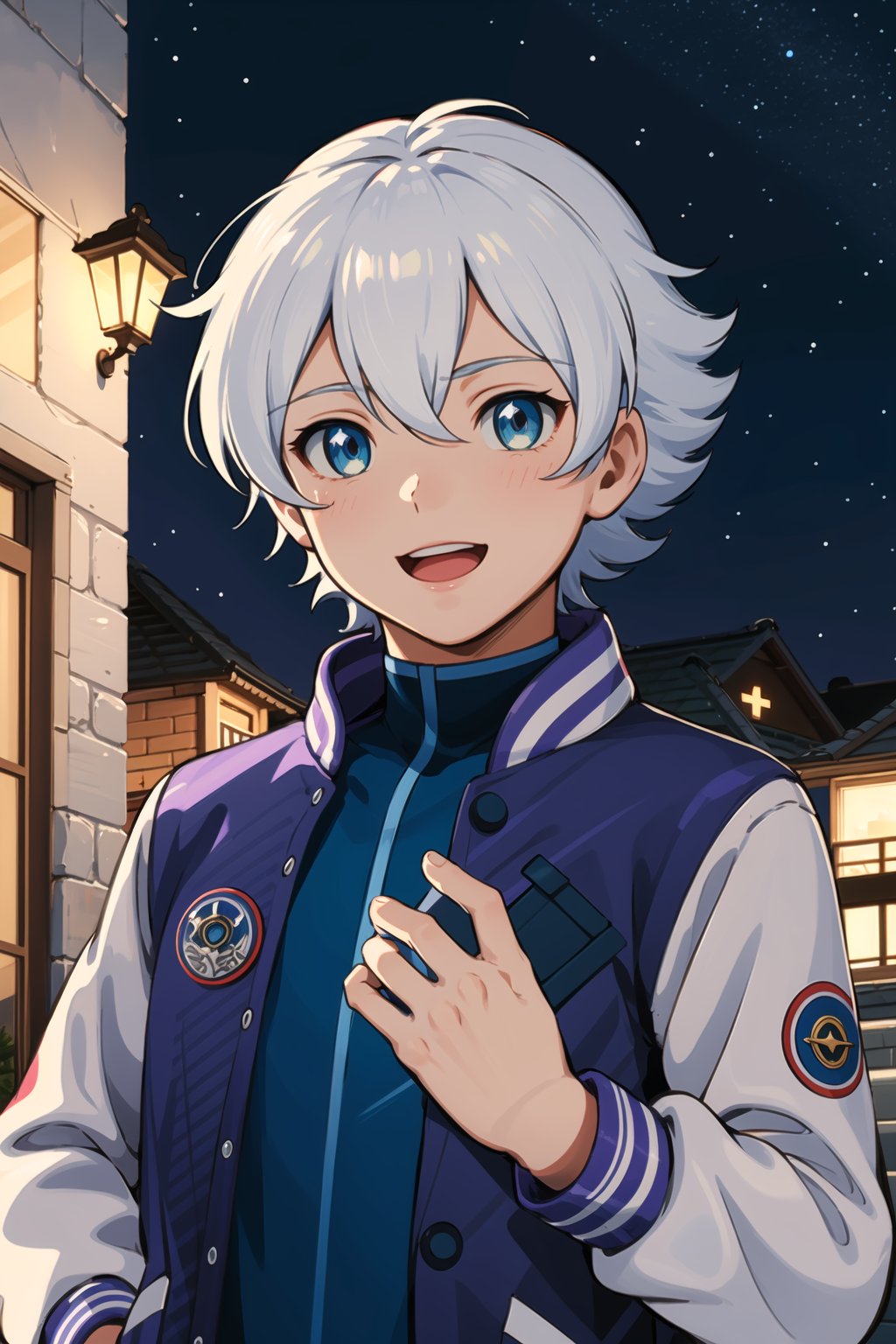 masterpiece, best quality,Looking at viewer, solo, male, 1boy,outdoors, upper_body, close mouth, light ray, luca,white hair,blue eyes, night, star_(sky), smile, purple jacket,  white sleeve,