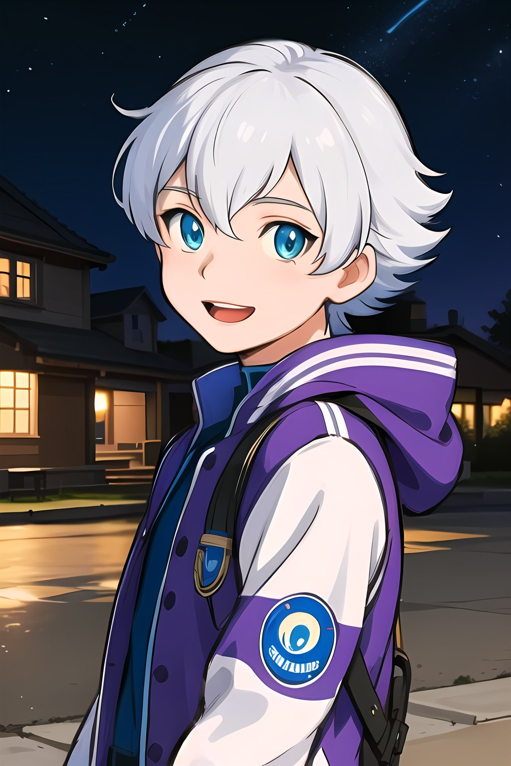 masterpiece, best quality,Looking at viewer, solo, male, 1boy,outdoors, upper_body, close mouth, light ray, luca,white hair,blue eyes, night, star_(sky), smile, purple jacket,  white sleeve,