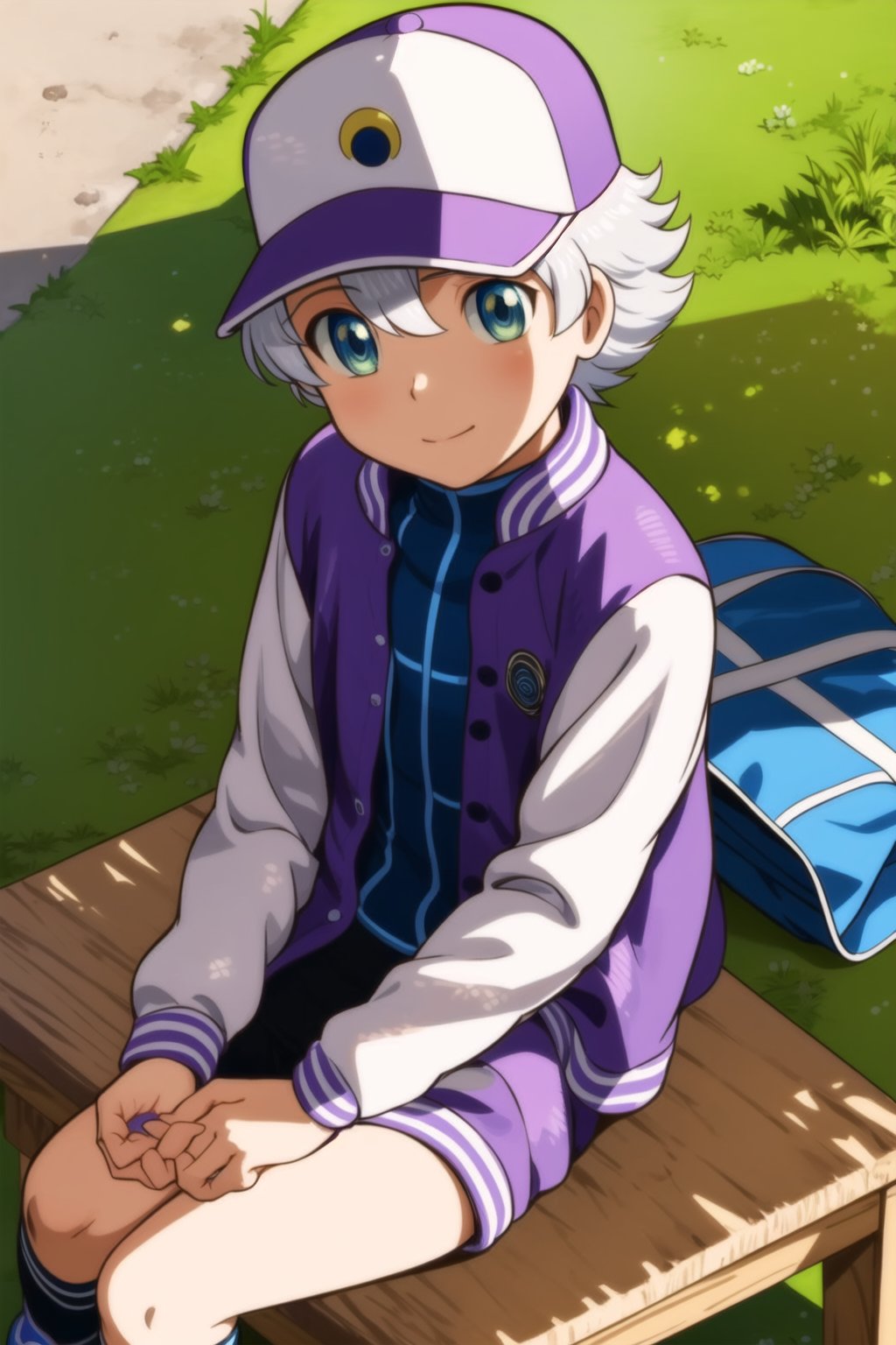 masterpiece, best quality,Looking at viewer, solo, male, 1boy,outdoors, upper_body, light ray, luca,white hair,blue eyes, dusk, purple jacket, white sleeve, purple hat, sitting,