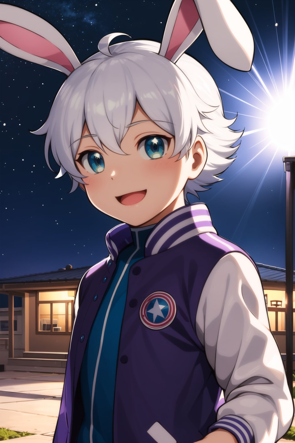 masterpiece, best quality,Looking at viewer, solo, male, 1boy,outdoors, upper_body, close mouth, light ray, luca,white hair,blue eyes, night, star_(sky), smile, purple jacket,  white sleeve, rabbit ears,