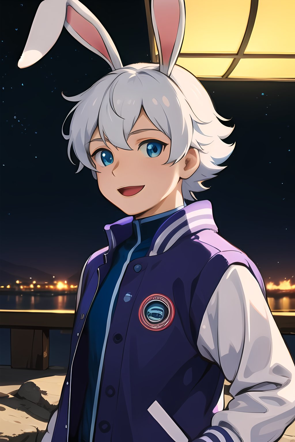 masterpiece, best quality,Looking at viewer, solo, male, 1boy,outdoors, upper_body, close mouth, light ray, luca,white hair,blue eyes, night, star_(sky), smile, purple jacket,  white sleeve, rabbit ears,