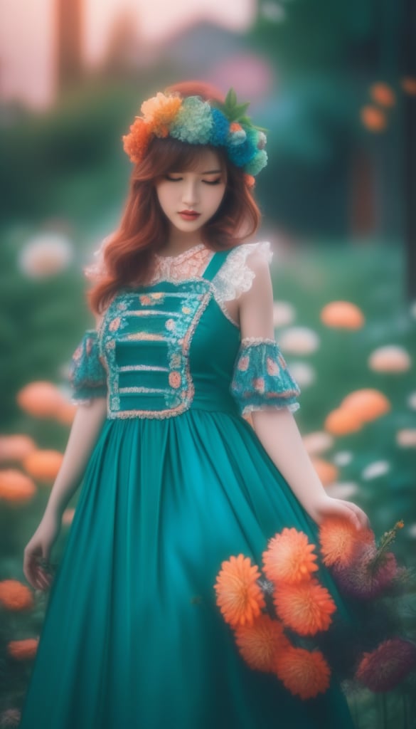  Lolita style,woman, flower dress, colorful, darl background,flower armor,green theme,exposure blend, medium shot, bokeh, (hdr:1.4), high contrast, (cinematic, teal and orange:0.85), (muted colors, dim colors, soothing tones:1.3), low saturation