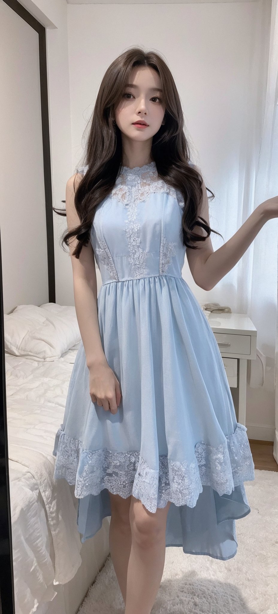  Best quality,xtt,aki,1girl,long wavy hair,good proportions,shapely body,( lota-style dress), indoors, xtt