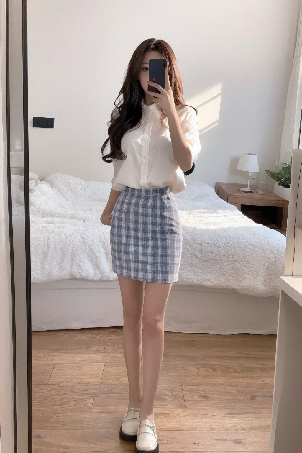  Best quality,xtt,aki,1girl,long wavy hair,good proportions,shapely body,( skirt), indoors, xtt