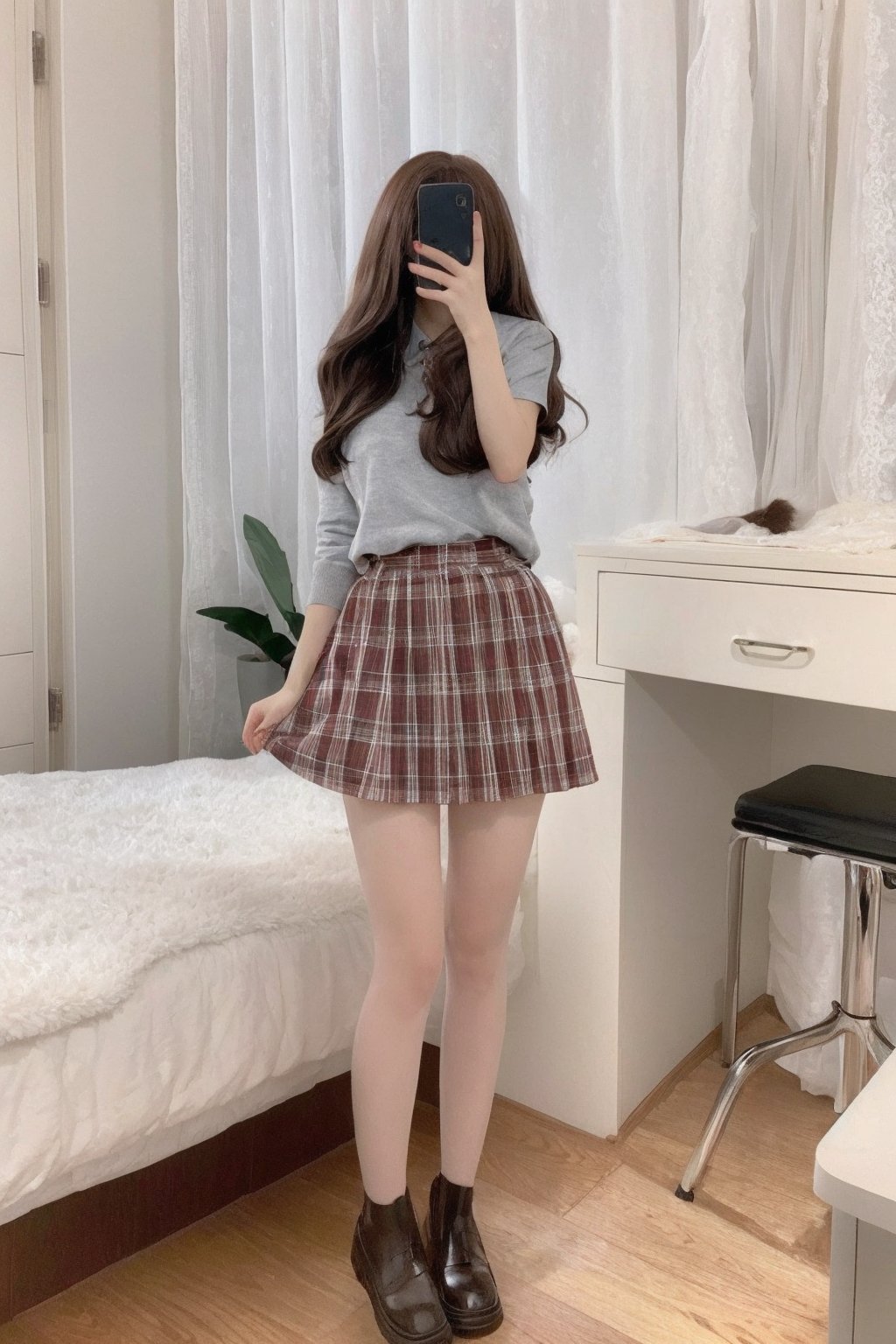  Best quality,xtt,aki,1girl,long wavy hair,good proportions,shapely body,( skirt), indoors, xtt