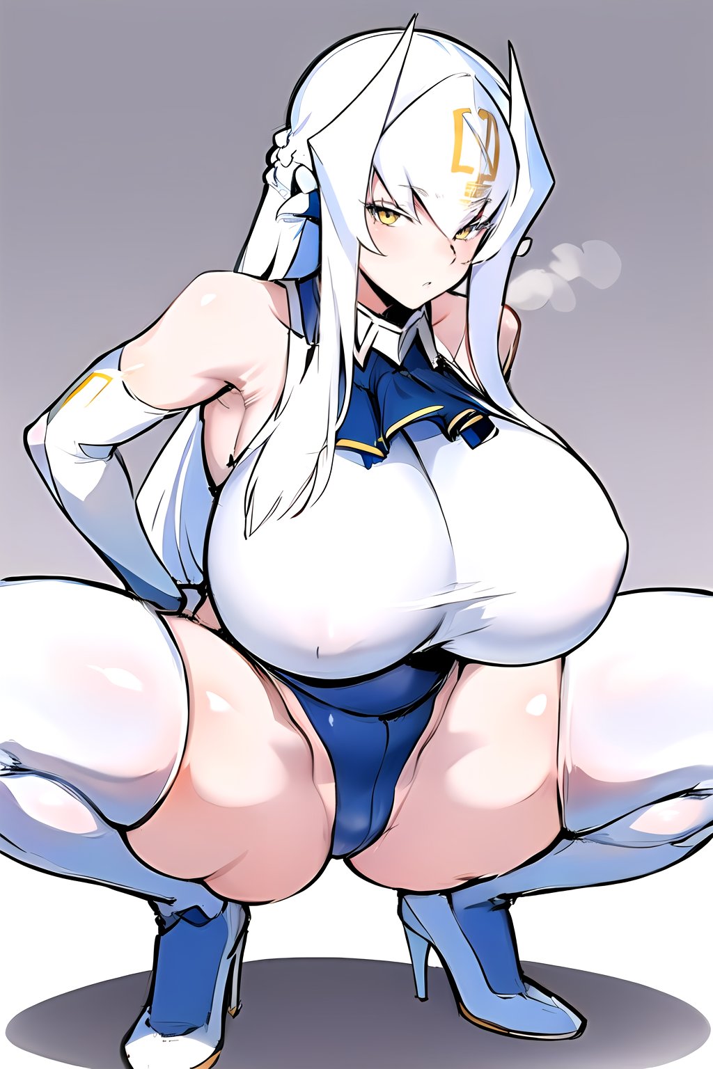 Silva, thick thighs, huge breasts, bare shoulders, squatting