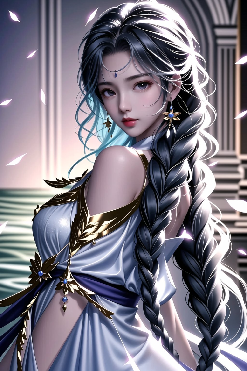 1girl, earrings, solo, jewelry, braid, long_hair, looking_at_viewer, bare_shoulders,<lora:660447313082219790:1.0>