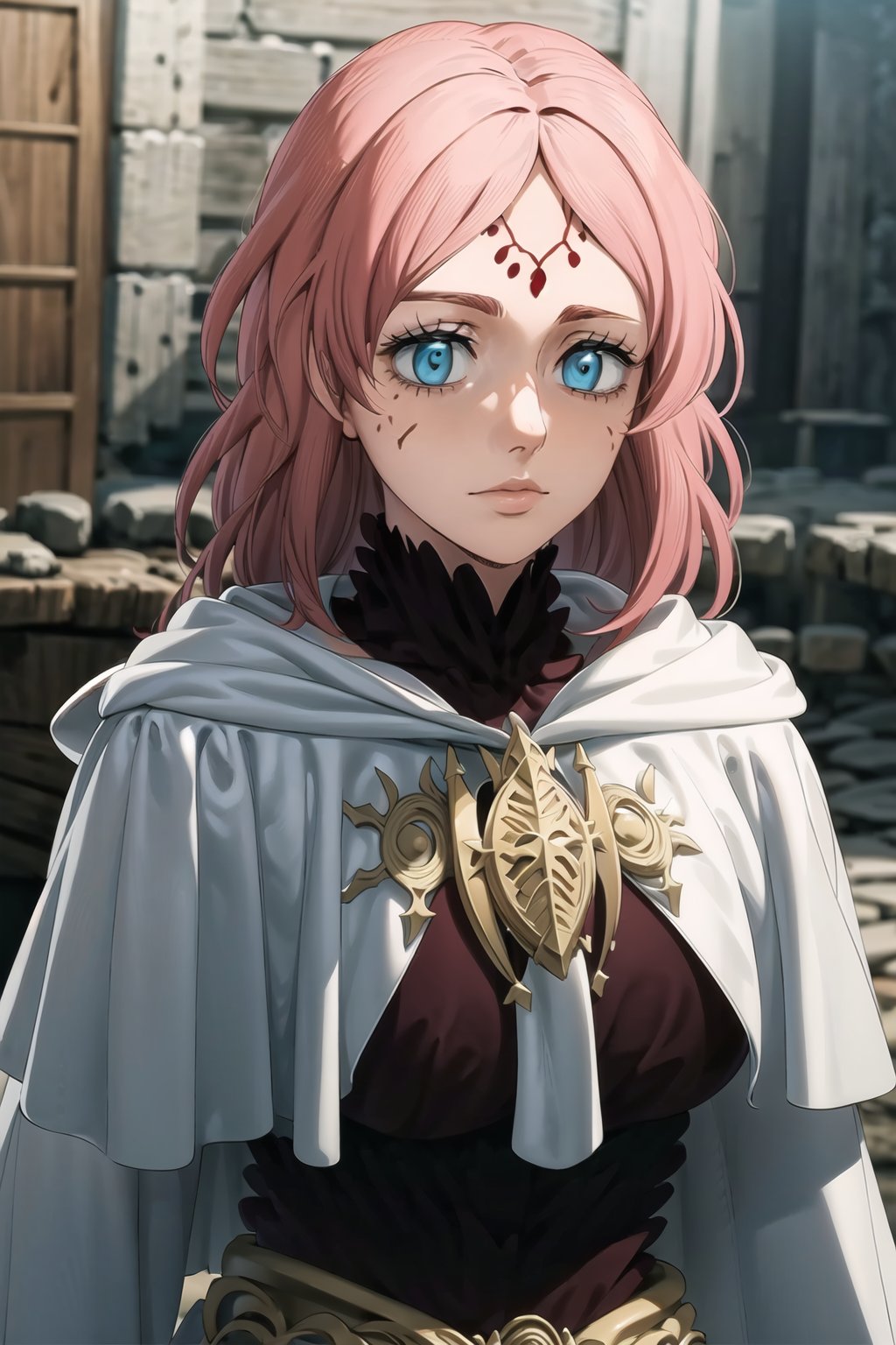 ((best quality)), ((highly detailed)), masterpiece, ((official art)), detailed face, beautiful face, tonemapping, sharp focus, hyper detailed, trending on Artstation,high res,official art,(cowboy shot:1.1),Fana, 1girl, long hair, blue eyes, pink hair, facial mark, expressionless, forehead mark