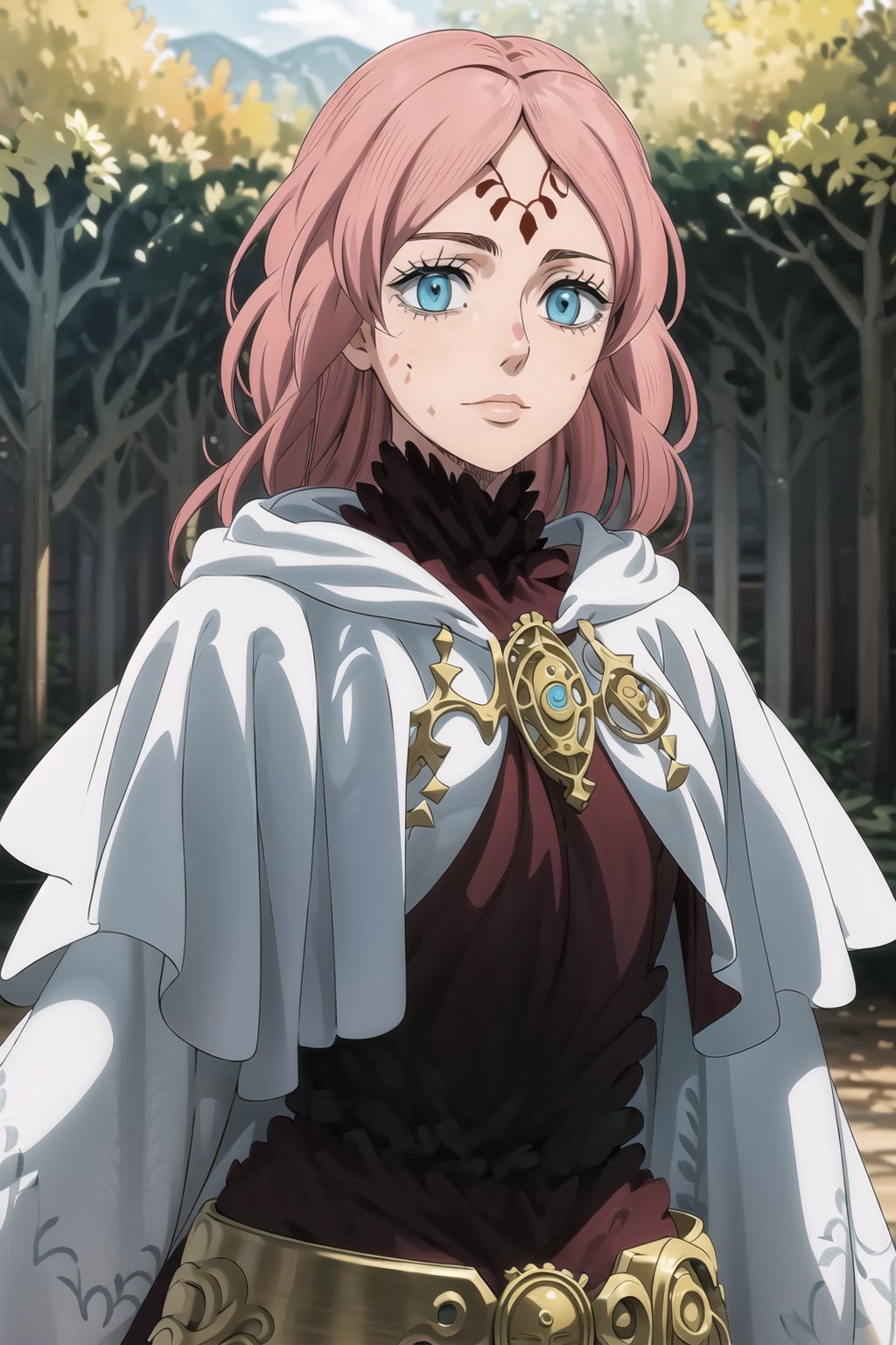 ((best quality)), ((highly detailed)), masterpiece, ((official art)), detailed face, beautiful face, tonemapping, sharp focus, hyper detailed, trending on Artstation,high res,official art,(cowboy shot:1.1),Fana, 1girl, long hair, blue eyes, pink hair, facial mark, expressionless, forehead mark