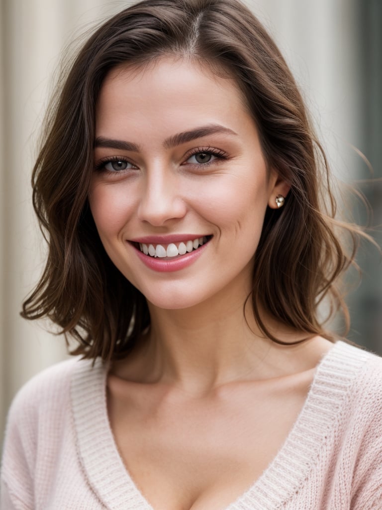 instagram photo, high quality, closeup  face portrait photo of beautiful european woman, detailed face, skin pores,  in white sweater, cleavage, pale skin, cinematic shot, dramatic lighting ,closeup face photo in pink sweater, cleavage, pale skin, (smile:0.3)(perfect teeth) (perfect detailed eyes) ,hyperdetailed photography, soft light. hard shadows.