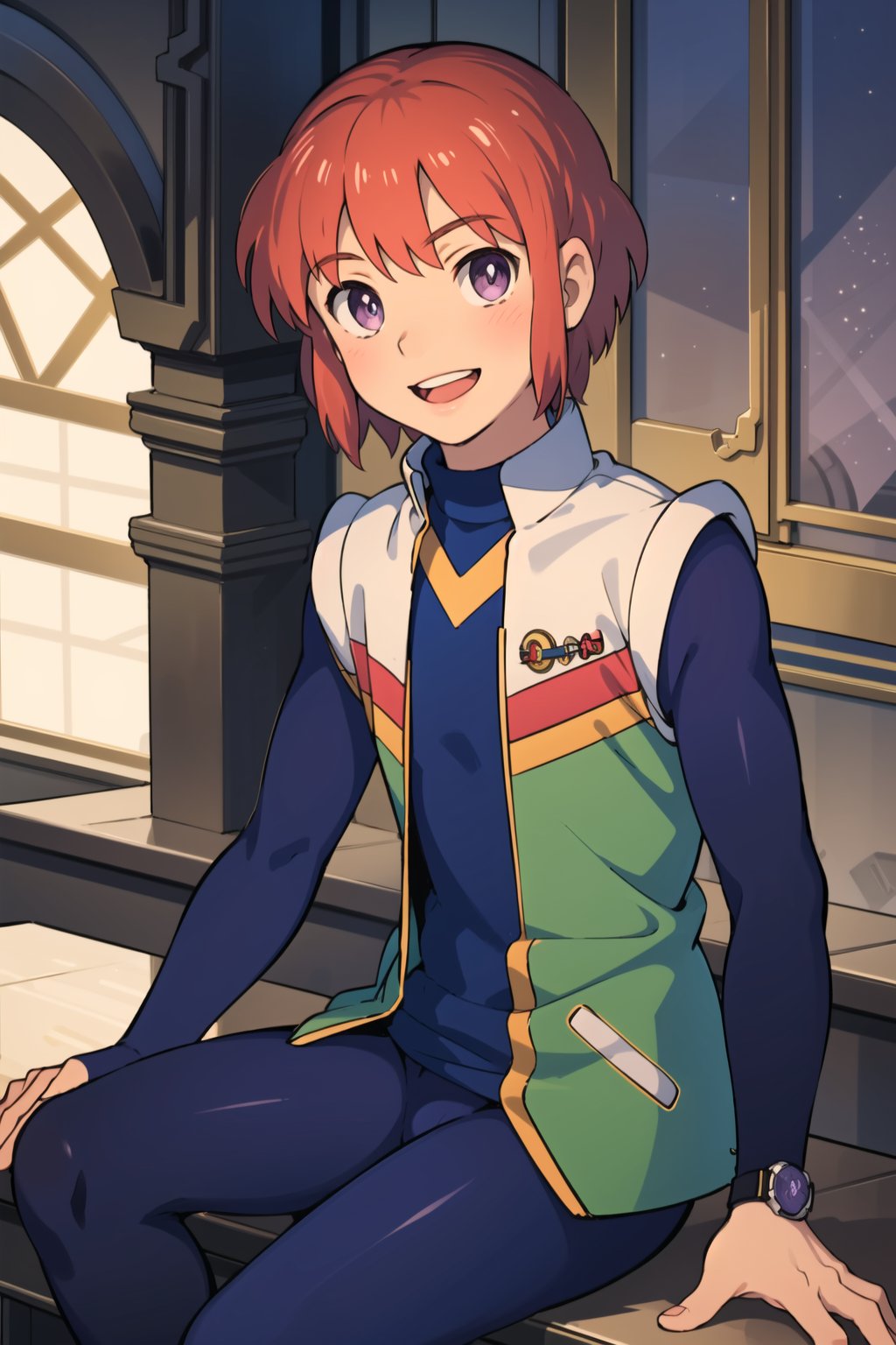 masterpiece, best quality,Looking at viewer, solo, male, 1boy,indoors, upper_body, close mouth,smile,  light ray, upper_body, sitting, ,kurt,red hair,Purple eyes, blue Sleeves tights, blue shirt,