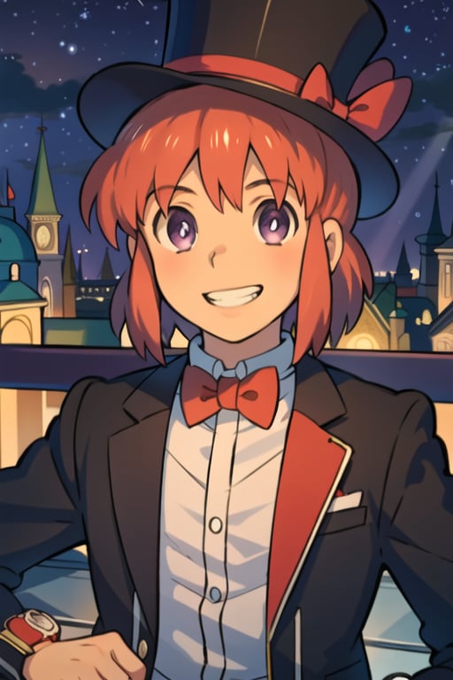 masterpiece, best quality,Looking at viewer, solo, male, 1boy,outdoors, upper_body, close mouth,smile,  light ray, upper_body ,kurt,red hair,Purple eyes, dress_shirt, black jacket, top hat, high hat, grin,Phantom Thief, night,  red bow tie, monocular,