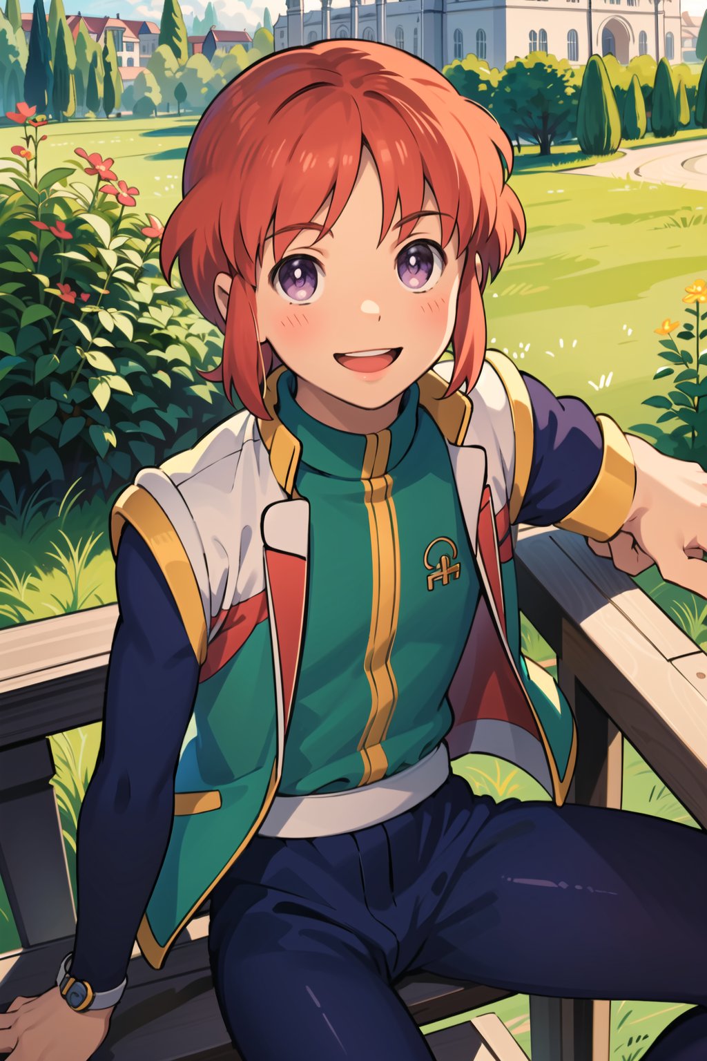 masterpiece, best quality,Looking at viewer, solo, male, 1boy,outdoors, sun, upper_body, close mouth,smile,  light ray, upper_body, sitting, ,kurt,red hair,Purple eyes, blue Sleeves tights,green sleeveless jacket,