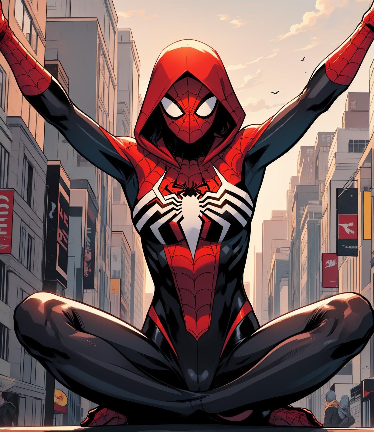 spider_oc, 1girl, long hair, white hair, (no pupil: 1.21), (covered face: 1.21), outstretched arms, building, hood up, city, superhero, silk, hooded bodysuit, sitting, city, looking at viewer, solo, <lora:spider_oc-06:1>