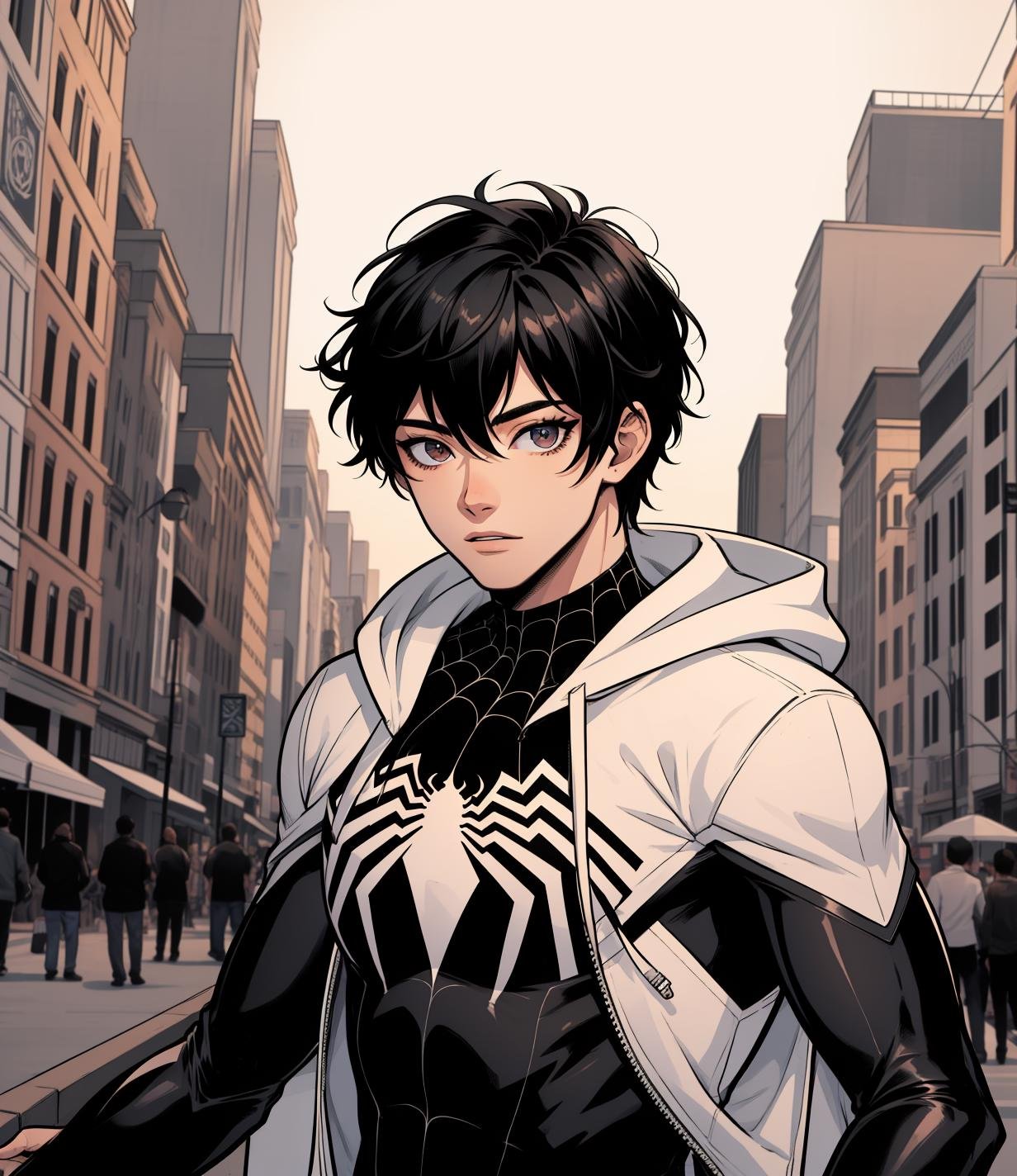 spider_oc, 1boy, black hair, hood, high collar, white hoodie, city, looking at viewer, upper body, solo, <lora:spider_oc-06:1>