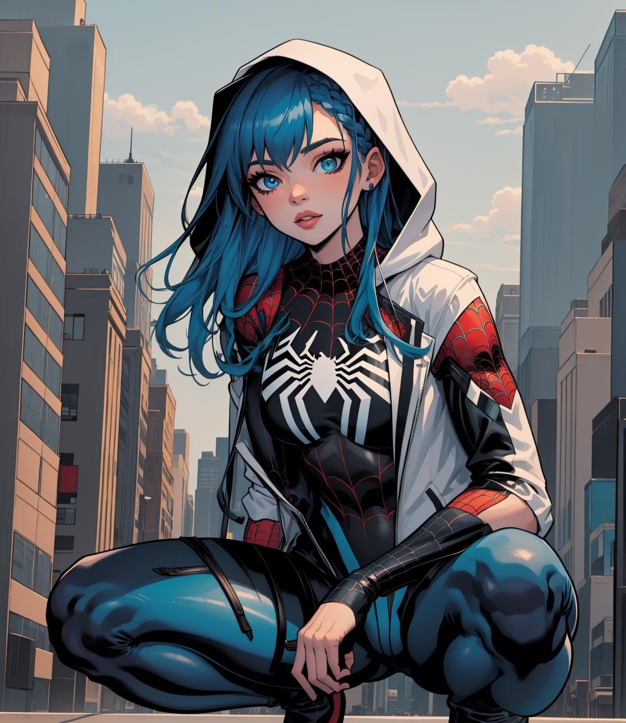 spider_oc, civitai-chan, 1girl, blue hair, braided bangs, blue eyes, jacket, hood, lips, (blue bodysuit: 1.1), superhero, hooded bodysuit, city, squatting, building, (solo), <lora:spider_oc-06:1>, <lora:gijinkaseries_civitai-18:0.5>