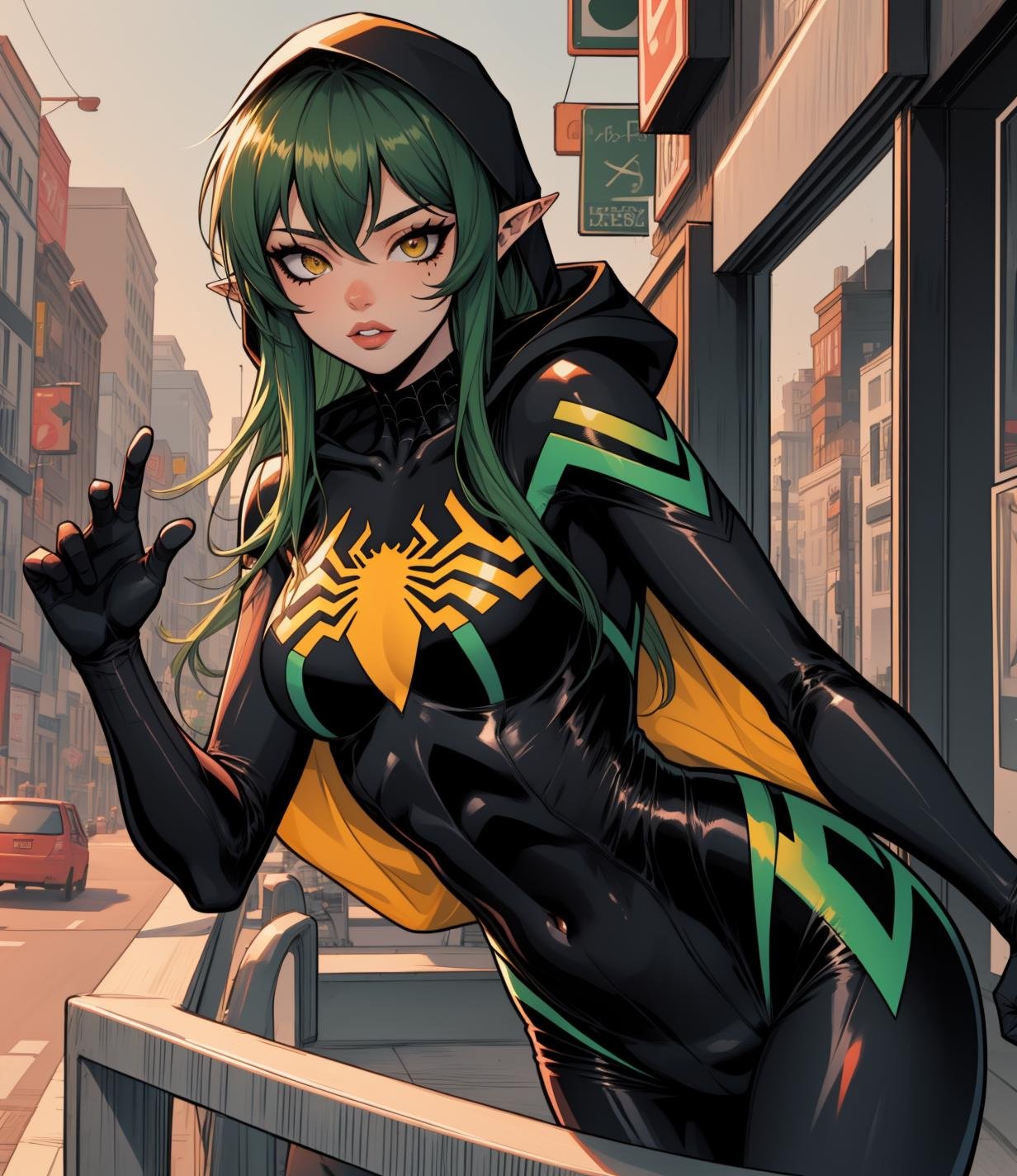 spider_oc, gavial, 1girl, green hair, yellow eyes, pointy ears, jacket, hood, black eyes, lips, (green bodysuit: 1.1), superhero, hooded bodysuit, city, solo, <lora:spider_oc-06:1>, <lora:Gavial-04:0.8>