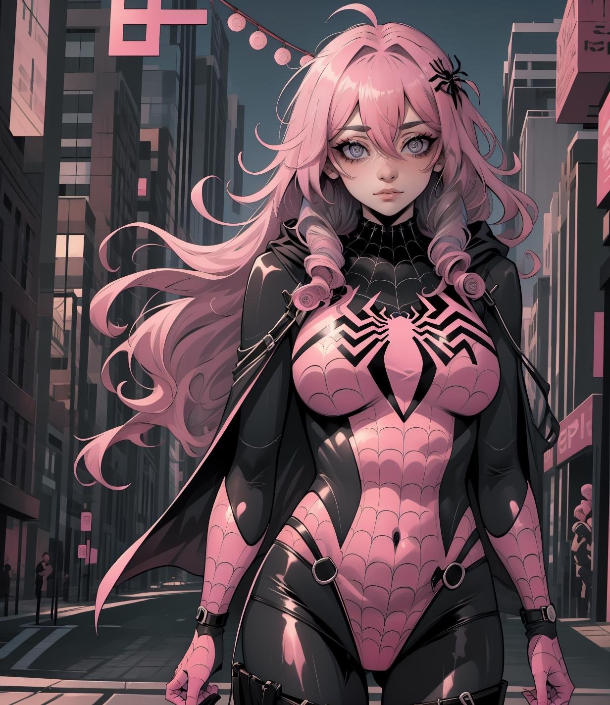 spider_oc, pink theme, yukimuro, 1girl, pink hair, black eyes, jacket, hood, lips, (pink bodysuit: 1.1), superhero, hooded bodysuit, city, solo, <lora:spider_oc-06:1>, <lora:Yukimuro-02:1>