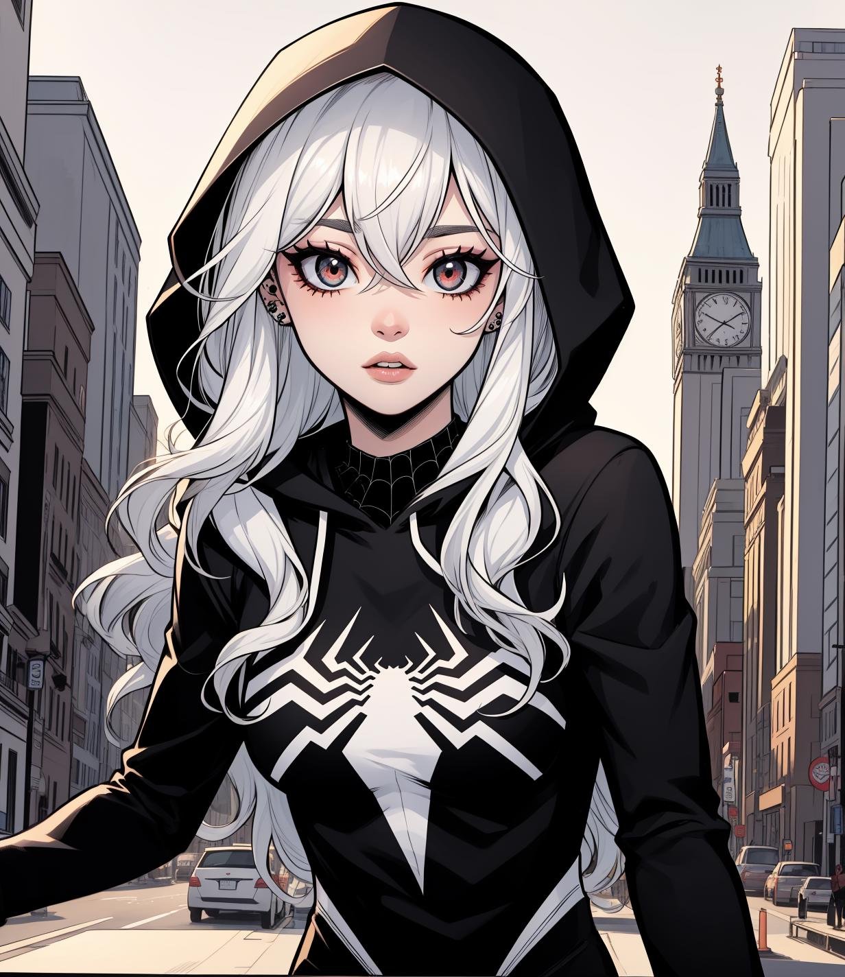 spider_oc, 1girl, long hair, wavy hair, white hair, white eyes, pale skin, hair between eyes, closed mouth, piercing, lips piercing, animification, hood, white hoodie, city, looking at viewer, solo, <lora:spider_oc-06:1>