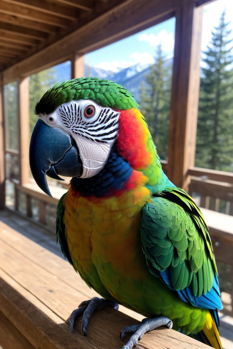 Food photography style, Hyperrealistic art, a parrot sits on the shoulder of a beautiful black lady with olive complextion, girl is sitting inside a ski resort, sunlight background, 8k dslr photograph with film grain 8k, RAW photo, dslr, realistic, ultra high res:1.2, delicate, colorful, vibrant colors, amazing scene lighting, light_on_front_face:1.3, bokeh), Extremely high-resolution details, photographic, realism pushed to extreme, fine texture, incredibly lifelike
