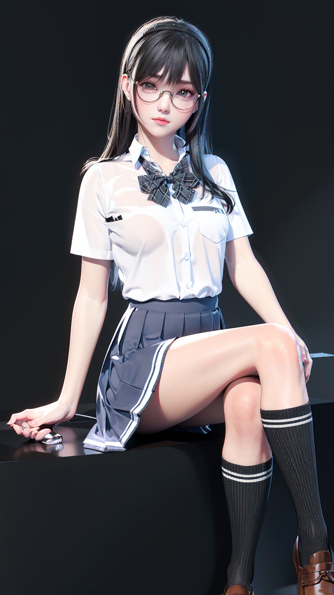  realistic, octane render, 3D CG, 

1girl, solo, skirt, glasses, socks, sitting, shoes, pleated skirt, looking at viewer, school uniform, shirt, crossed legs, black hair, white shirt, kneehighs, holding, loafers, black background, sleeves rolled up, bow, round eyewear, long hair, bowtie, bangs, collared shirt, grey skirt, brown eyes, black socks, lips, black footwear