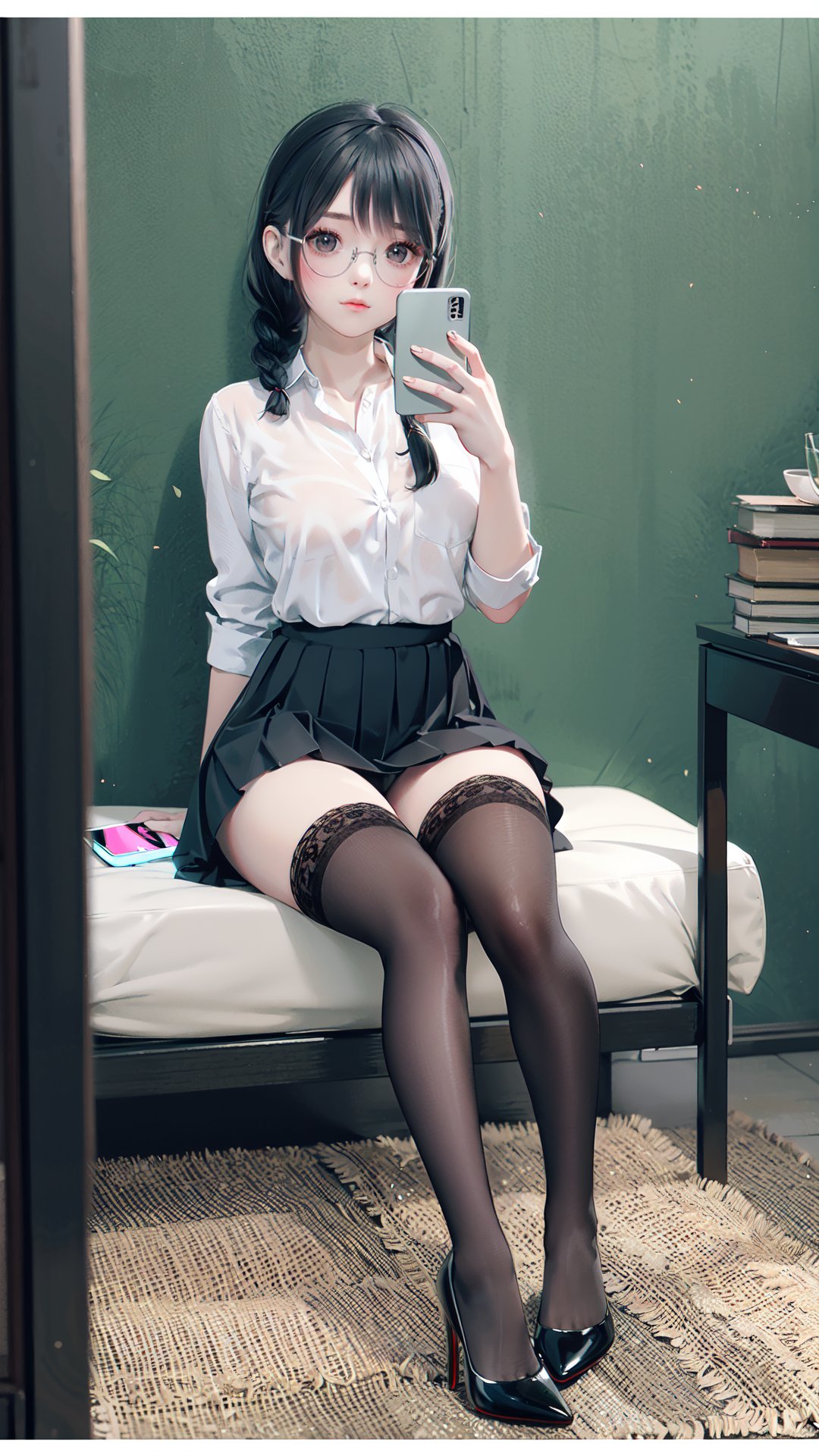 1girl, solo, thighhighs, v, black hair, phone, high heels, braid, holding phone, shirt, cellphone, skirt, sitting, white shirt, holding, long hair, glasses, selfie, black footwear, smartphone, brown eyes, white thighhighs, collared shirt, bangs, pleated skirt, full body, underwear, lace-trimmed legwear, black skirt, lace trim