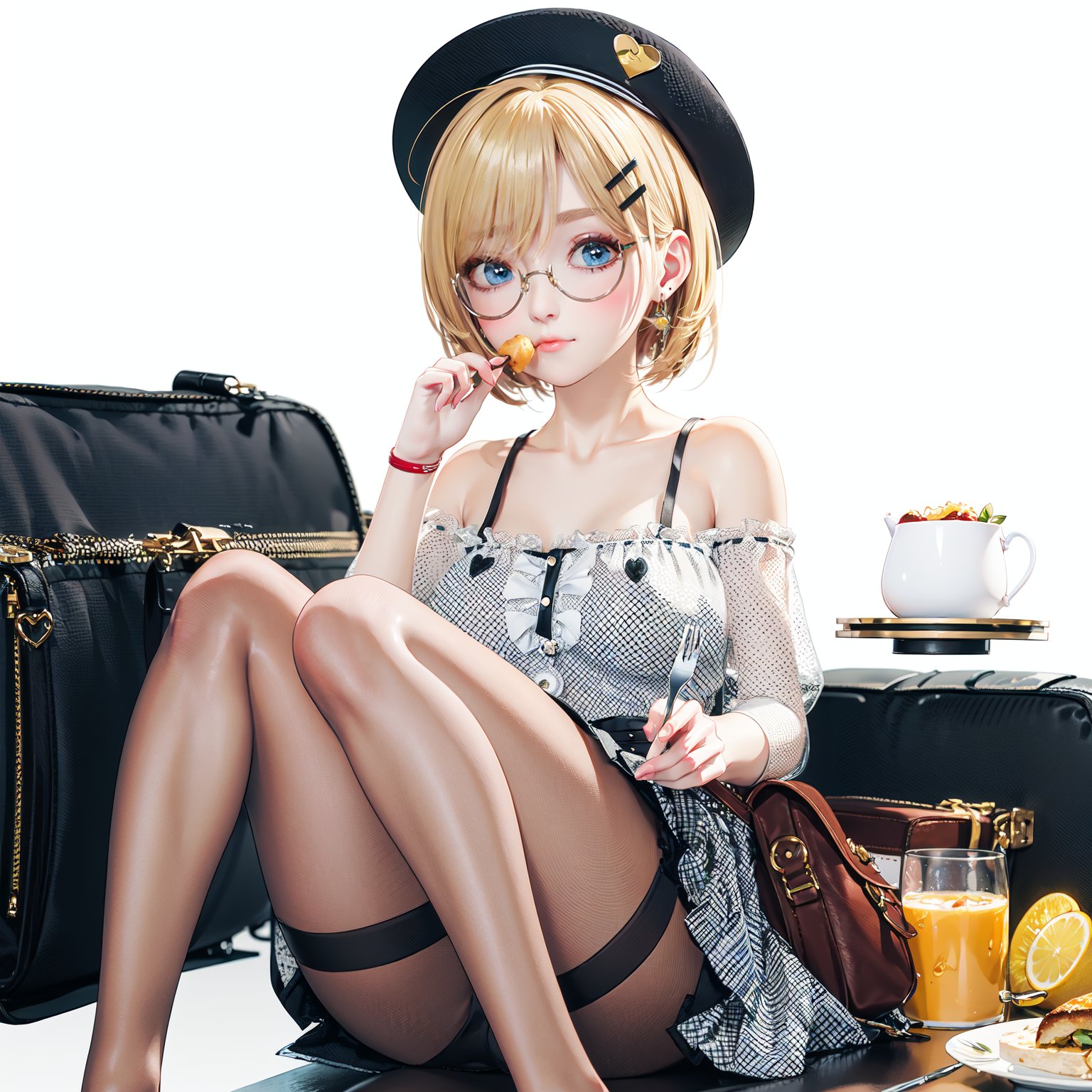 realistic, octane render, 3D CG, 


1girl, virtual youtuber, watson amelia, cup, blue eyes, pantyhose, blonde hair, glasses, jewelry, hat, solo, hair ornament, food, round eyewear, white background, bag, white shirt, brown pantyhose, shirt, earrings, brown headwear, collarbone, off-shoulder shirt, sitting, bare shoulders, fork, bangs, off shoulder, simple background, black-framed eyewear, :t, heart, heart earrings, closed mouth, skirt, on head, saucer, looking at viewer, black skirt, plate, animal on head, animal, black headwear, frills, holding, dog, cabbie hat, monocle hair ornament, blush, table, hand up, breasts, official alternate hairstyle, puffy sleeves, teacup, knees up,