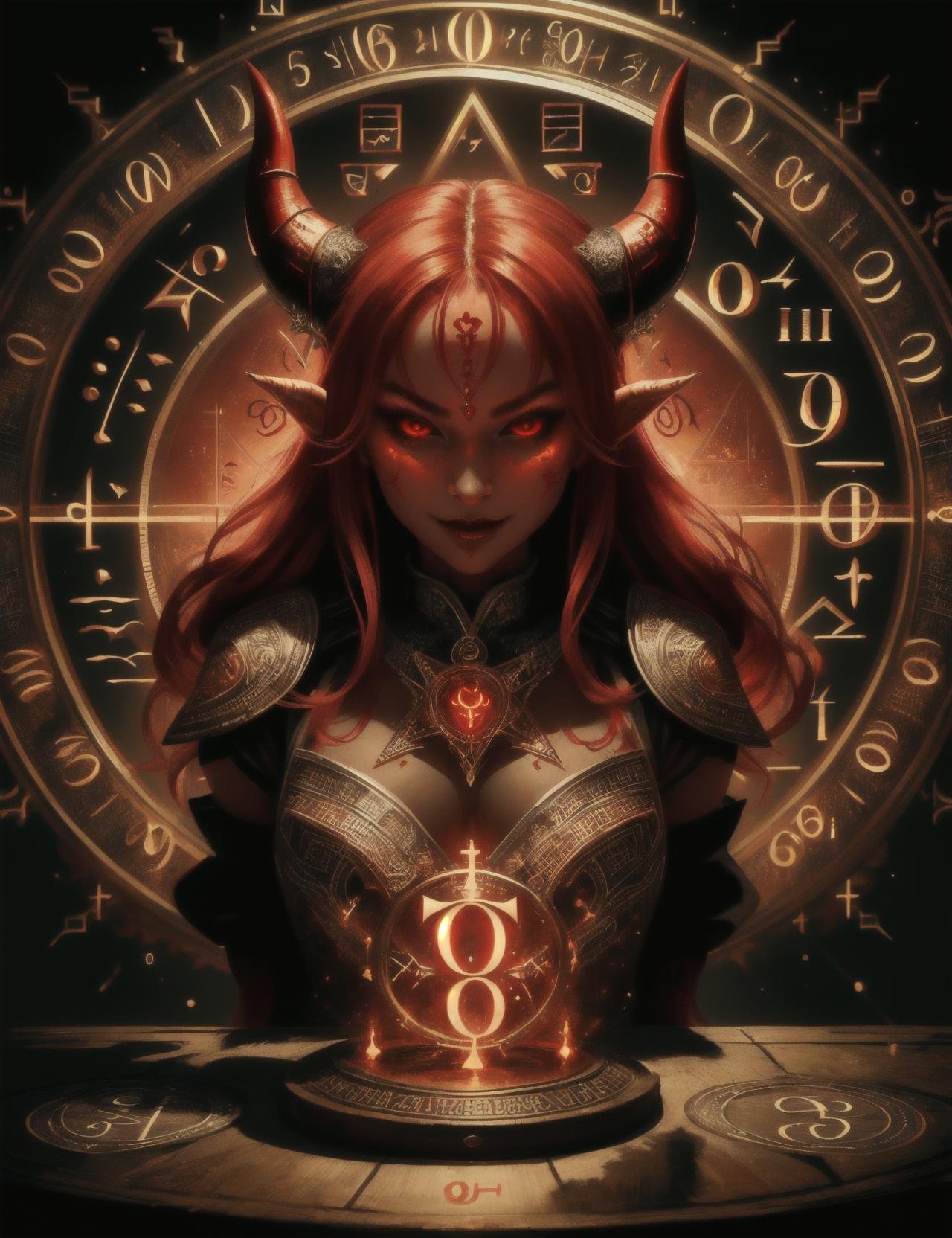 hyper detailed masterpiece, dynamic, awesome quality,math magic, (numbers and symbols:1.3), female  devil, embodiment of evil, cunning and charismatic, red skin, devil horns, fantasy, <lora:DonMM4thM4g1c-000008:0.75>
