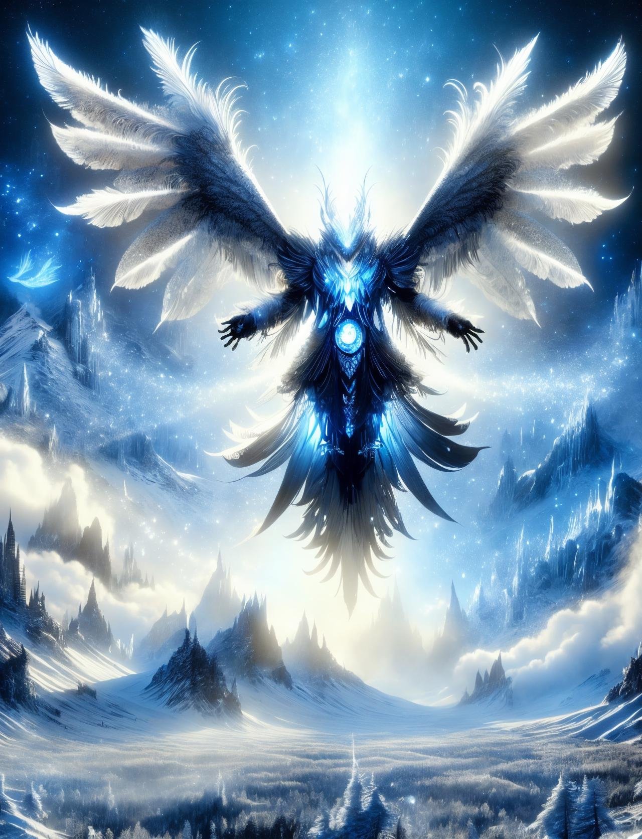 digital art, semi realistic hyper detailed masterpiece, dynamic, awesome quality,DonMSn0wM4g1c, mothman, humanoid elemental being, delicate and ethereal being with gossamer wings, guardians of the air, mountain top,weather, unreal,strange,gears, <lora:DonMSn0wM4g1cv2-000008:1>