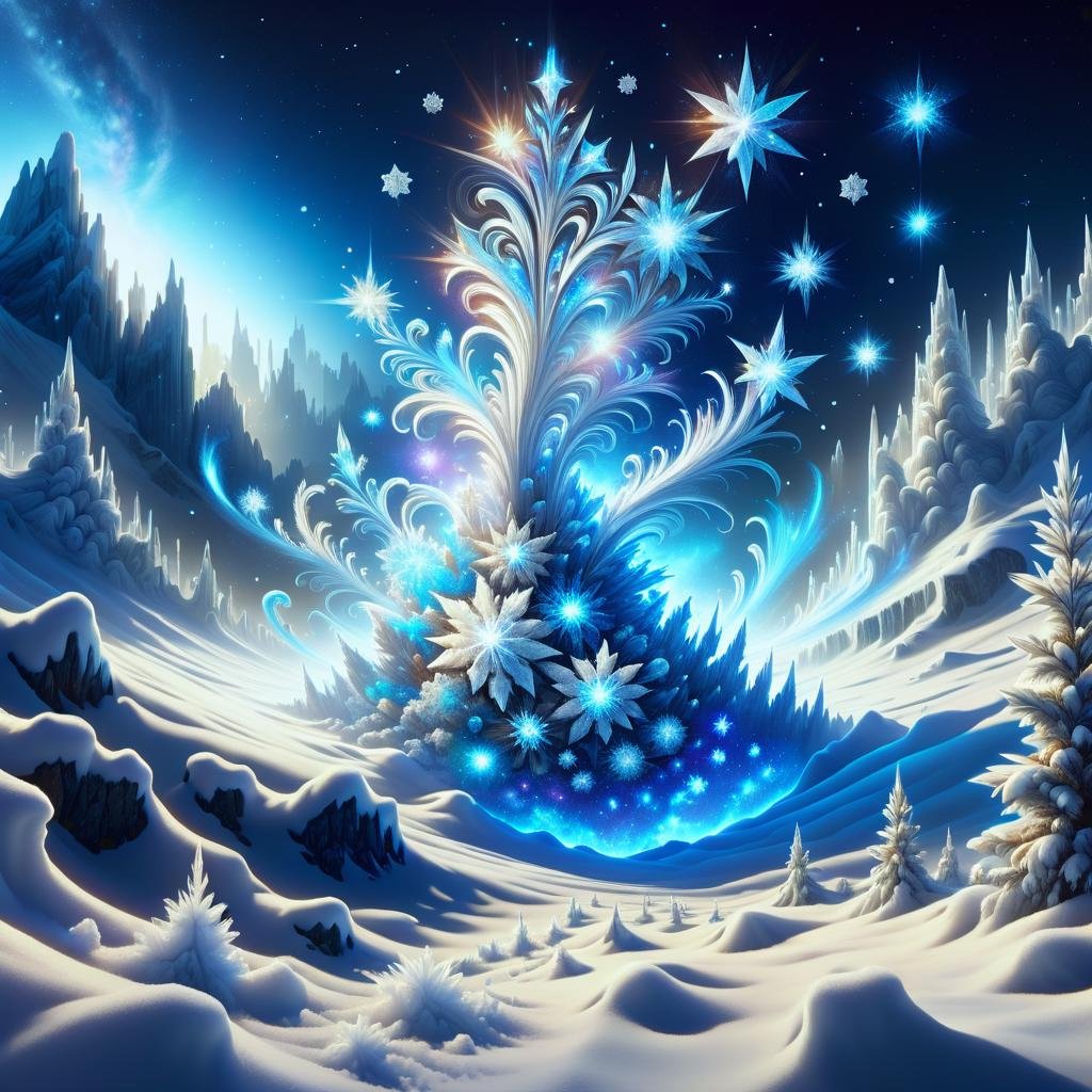 digital art, semi realistic hyper detailed masterpiece, dynamic, awesome quality,DonMSn0wM4g1cXL, snow ice magic, star cluster, changing season, <lora:DonMSn0wM4g1cXL-000008:0.8>