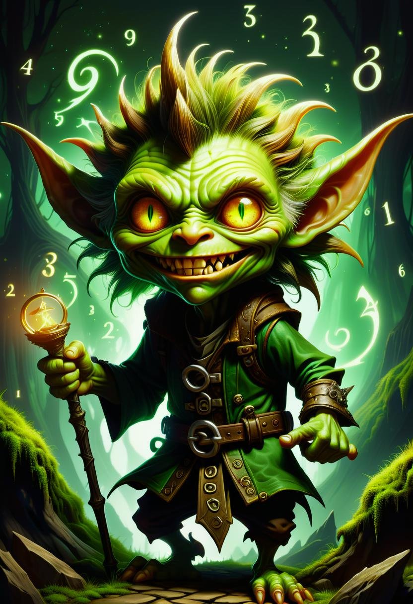 hyper detailed masterpiece, dynamic, awesome quality,swirling DonMM4hM4g1cXL math magic,numbers, symbols,goblin, imaginative and mischievous character with a hunched posture, glowing beady eyes, and a malevolent grin. use earthy green and brown tones for its mottled skin, and add small, stubby horns on its sloping forehead, scraggly moss-like hair,sharp jagged teeth in its wide mouth, goblin should be small in stature, around 2 to 3 feet tall, fantasy, emanation,survival,stratosphere,distressing,expressive, <lora:DonMM4hM4g1cXL-000008:0.8>