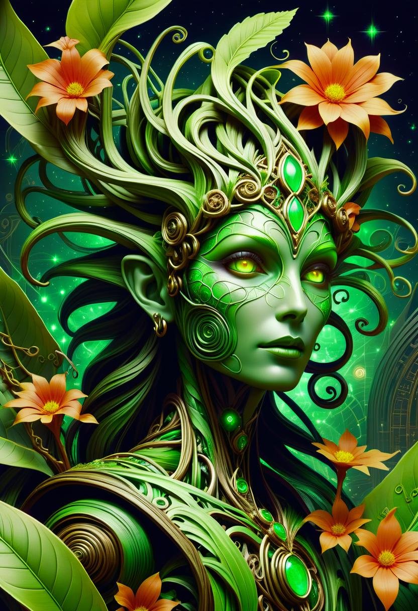 hyper detailed masterpiece, dynamic, awesome quality,swirling DonMM4hM4g1cXL math magic,alraune, plant hybrid,plant-based humanoid, alluring appearance, floral elements, green leaf-like bark-like skin, vines and roots as hair, varied and mystical attire, mesmerizing or hypnotic eyes, plant-based accessories or ornaments, atomic age, <lora:DonMM4hM4g1cXL-000010:0.8>