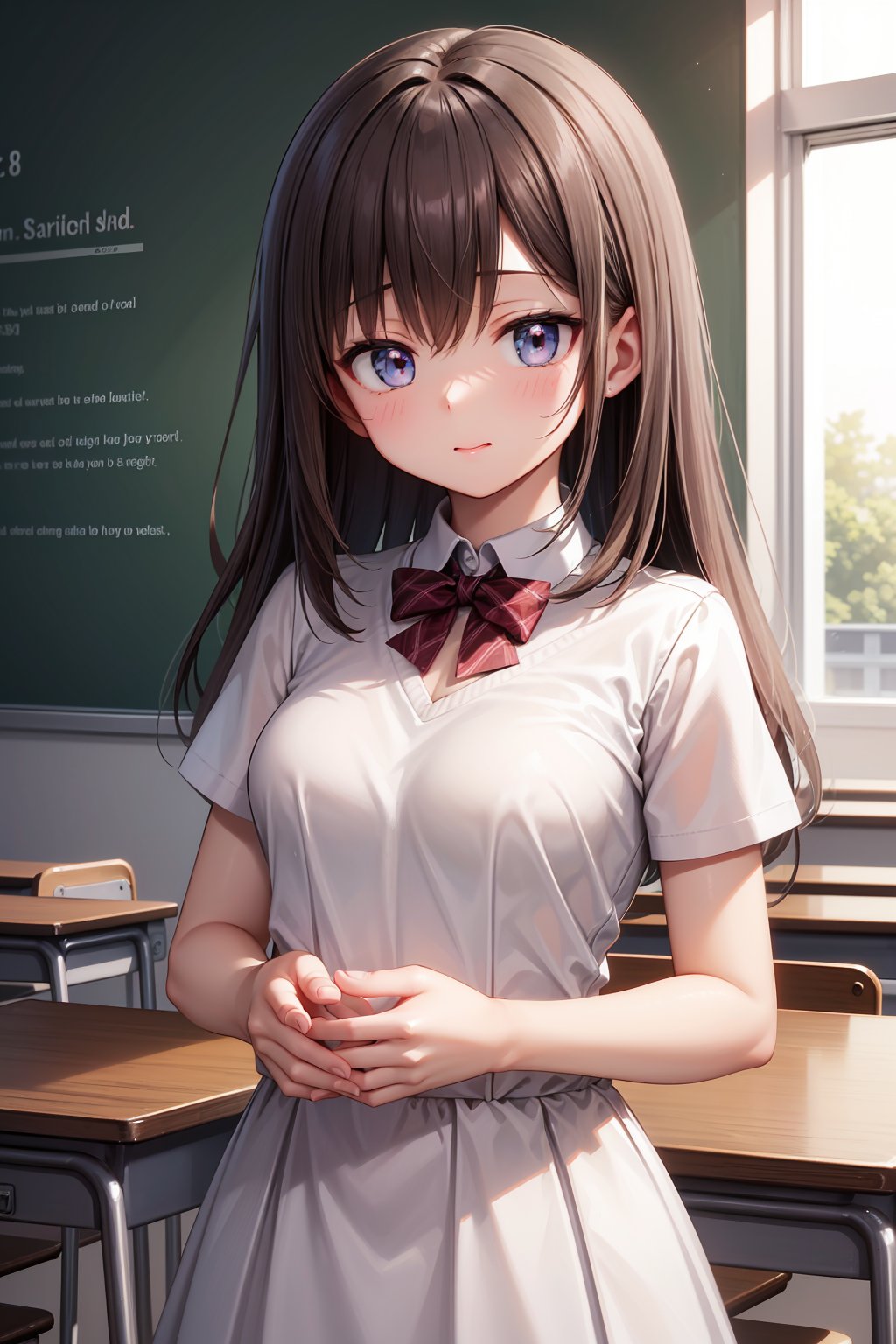 ((masterpiece, best quality, ultra-detailed, very fine 8KCG wallpapers)), 1girl, solo, medium breasts, junior high schooler, classroom, nice hands, perfect hands,