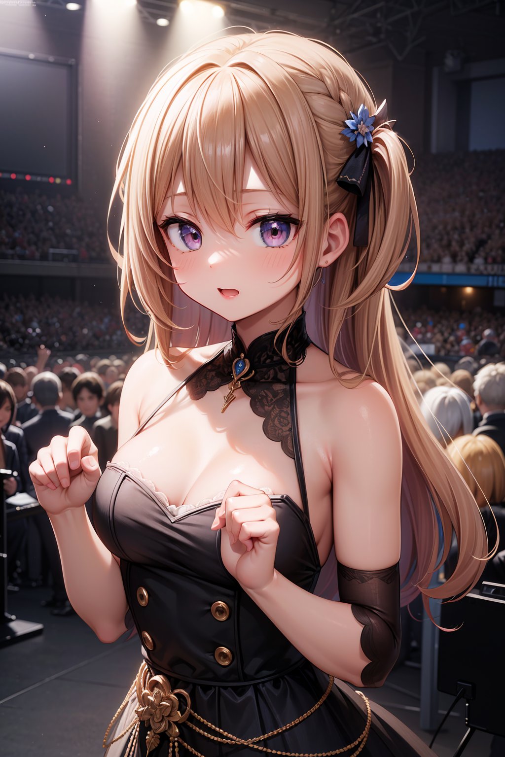 ((masterpiece, best quality, ultra-detailed, very fine 8KCG wallpapers)), 1girl, solo, medium breasts, idol, concert venue, nice hands, perfect hands,