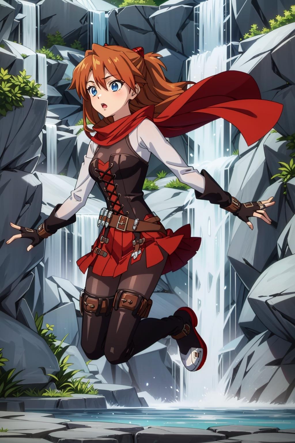 masterpiece,best quality,extremely detailed,(souryuu asuka langley), orange hair, blue eyes,1girl, solo, <lora:RubyAtlas-05:0.9> atlasrose, red cape, pantyhose, belt, red skirt, corset, thigh boots, fingerless gloves, full body,waterfall, jumping