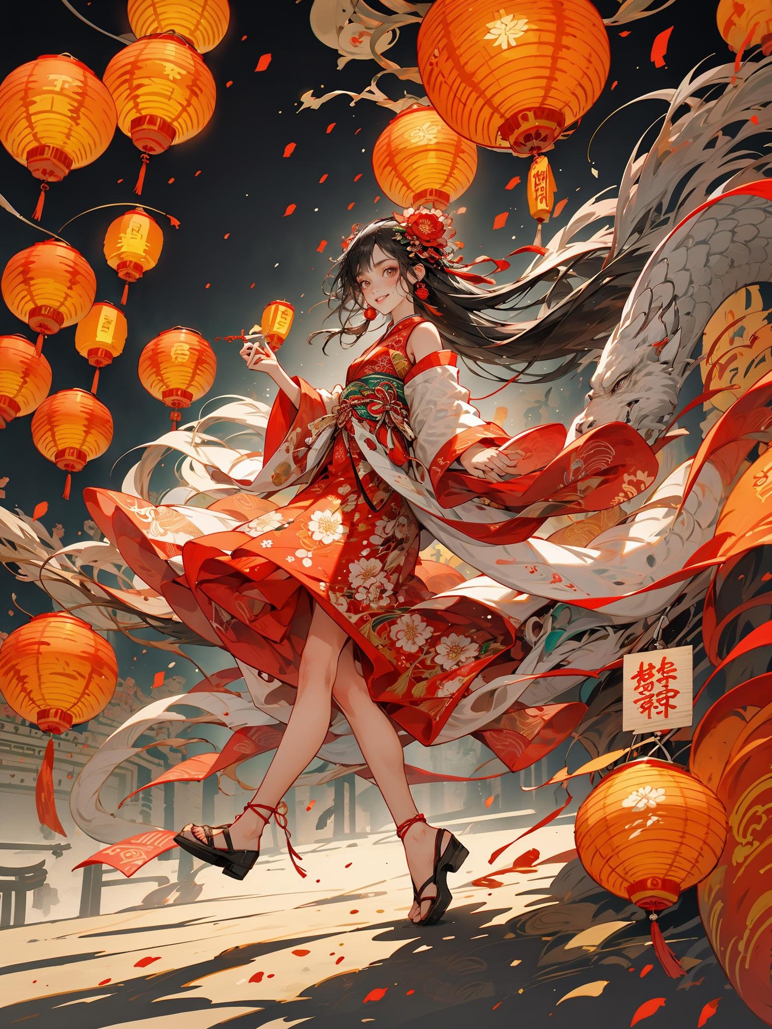 ink,HEZI,Chinese New Year elements,Oriental Dragon and Maiden,Chinese Knot,wallpaper,HD,flat illustration,flat illustration,best quality,masterpiece,(Lanterns in the background:1.5),looking at viewer,female focus,black hair,red skirt,Hanfu,profile,Night Market,brightly lit,white shoes,wide shot,color guide,simple background,full body,negative_hand,Up view,close up,happy and runing,Smile,delicate facial features,red background,a small number of red lanterns,Chinese elements with firecrackers around and fireworks in the background,<lora:龙与少女-000013:0.6>,