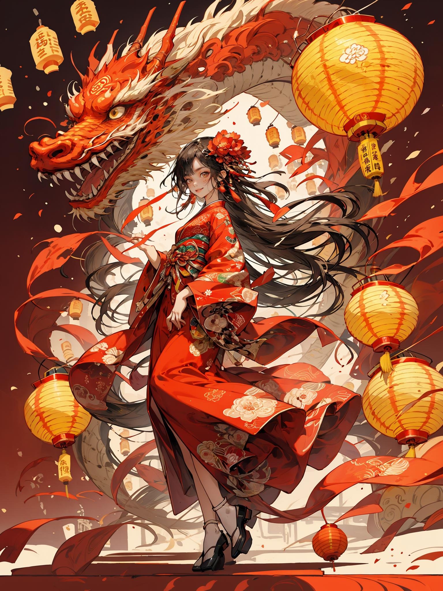 ink,HEZI,Chinese New Year elements,Oriental Dragon and Maiden,Chinese Knot,wallpaper,HD,flat illustration,flat illustration,best quality,masterpiece,(Lanterns in the background:1.5),looking at viewer,female focus,black hair,red skirt,Hanfu,profile,Night Market,brightly lit,white shoes,wide shot,color guide,simple background,full body,negative_hand,Up view,close up,happy and runing,Smile,delicate facial features,red background,a small number of red lanterns,Chinese elements with firecrackers around and fireworks in the background,<lora:龙与少女-000013:0.6>,