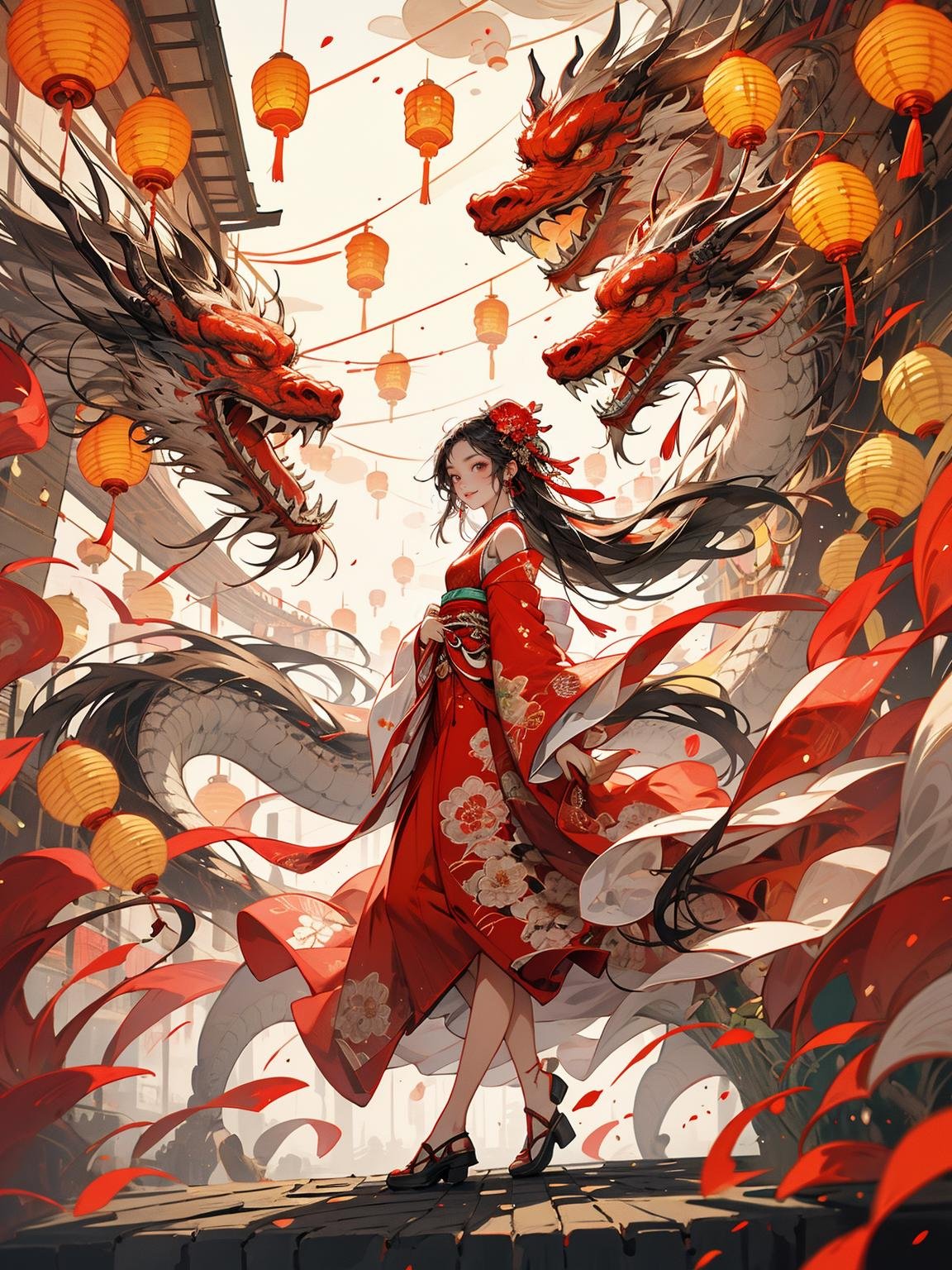 ink,HEZI,Chinese New Year elements,Oriental Dragon and Maiden,Chinese Knot,wallpaper,HD,flat illustration,flat illustration,best quality,masterpiece,(Lanterns in the background:1.5),looking at viewer,female focus,black hair,red skirt,Hanfu,profile,Night Market,brightly lit,white shoes,wide shot,color guide,simple background,full body,negative_hand,Up view,close up,happy and runing,Smile,delicate facial features,red background,a small number of red lanterns,Chinese elements with firecrackers around and fireworks in the background,<lora:龙与少女-000013:0.5>,