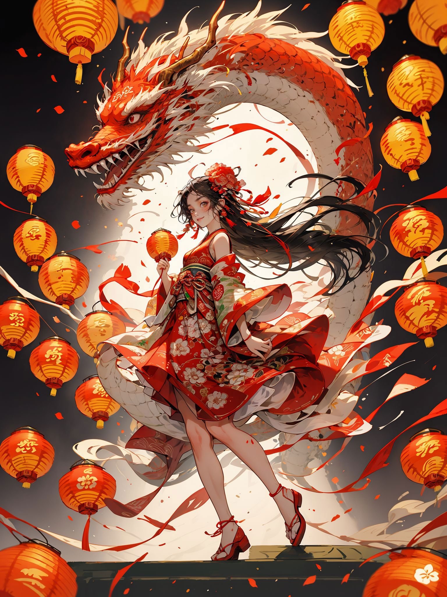 ink,HEZI,Chinese New Year elements,Oriental Dragon and Maiden,Chinese Knot,wallpaper,HD,flat illustration,flat illustration,best quality,masterpiece,(Lanterns in the background:1.5),looking at viewer,female focus,black hair,red skirt,Hanfu,profile,Night Market,brightly lit,white shoes,wide shot,color guide,simple background,full body,negative_hand,Up view,close up,happy and runing,Smile,delicate facial features,red background,a small number of red lanterns,Chinese elements with firecrackers around and fireworks in the background,<lora:龙与少女-000013:0.6>,