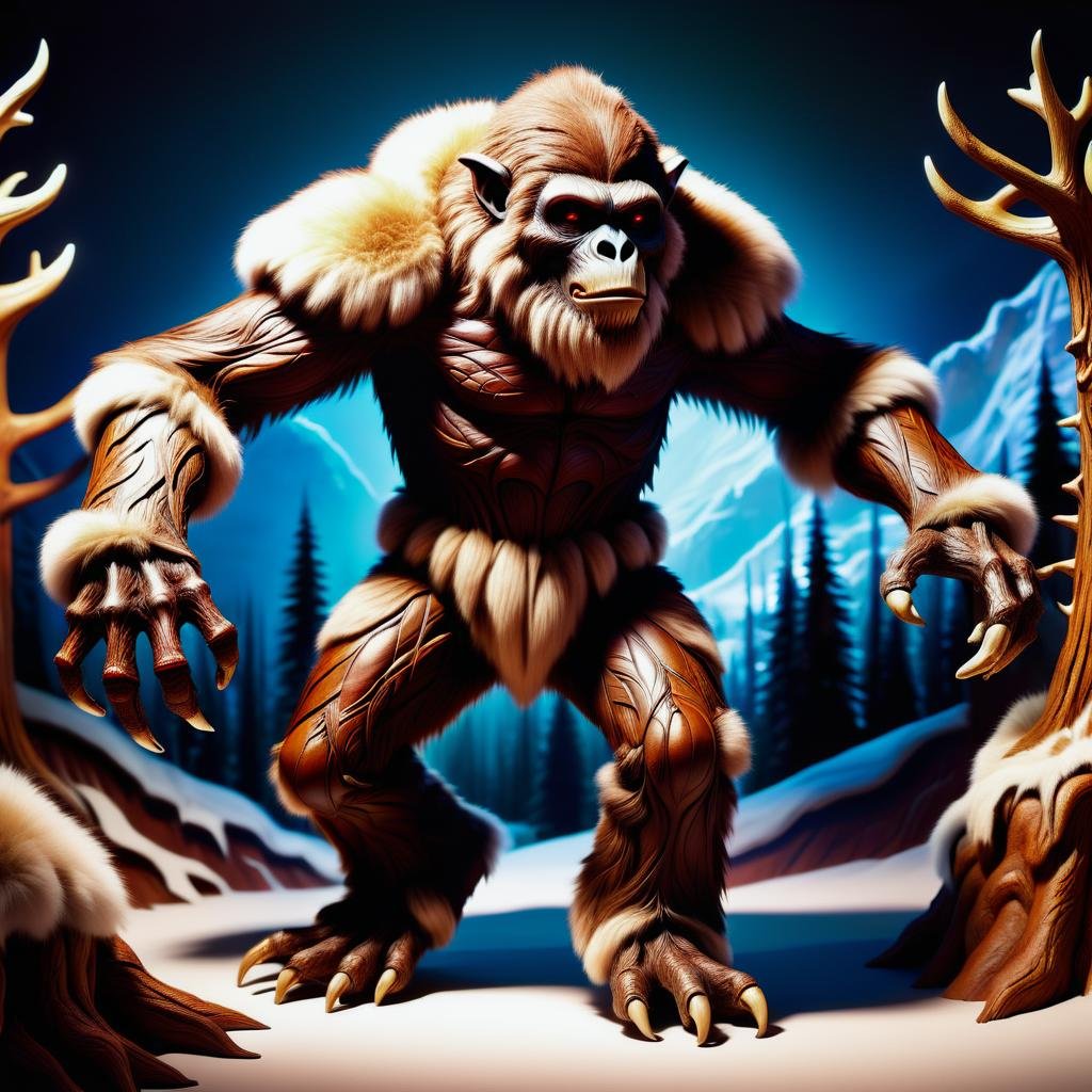 hyper detailed masterpiece, dynamic, awesome quality, DonMR31nd33rXL leather, fur, ghoul, large humanoid cryptid ape like creature, covered in brown dark fur, long arms, wilderness areas, forests, elusive mysterious forest-dwelling creature <lora:DonMR31nd33rXL-000008:0.8>