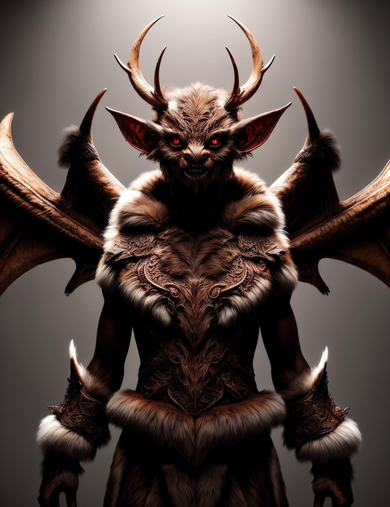 hyper detailed masterpiece, dynamic, awesome quality, DonMR31nd33r, imp, small, mischievous supernatural humanoid creature, impish features, horns, pointed ears, sharp teeth, bat like leathery wings, fiery glowing eyes, clawed hands and feet, tail, red to dark shaded skin, trickster, servant of a higher power, malevolent  <lora:DonMR31nd33r:0.8>